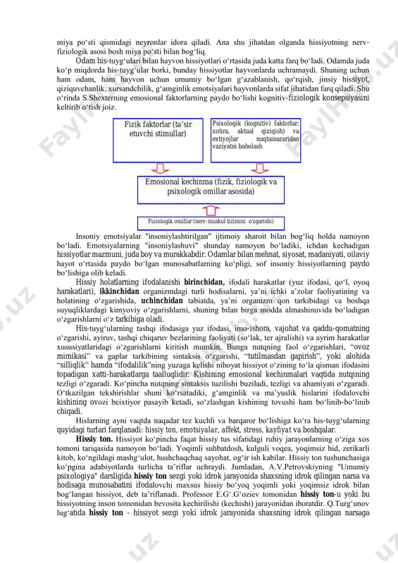 axsiy tajribasida tarkib topadigan reflekslar tizimini mustahkamlash sifatida namoyon bo‘ladi. hissiyotning mana shu darak beruvchilik vazifasi psixologiyada hissiyotning impressiv tomoni deb ataladi. impressiv so‘zi lotincha taassurot degan ma’noni anglatadi. i.p.pavlov tirik mavjudotlarning atrofimizdagi muhitga moslashuvida hosil qiladigan buziladigan dinamik streotiplar orqali biror hissiyot va emosional kechinmalarning ijobiy va salbiy sifatlarini tushuntirib beradi. dinamik stereotip deganda tashqi qaytarilish natijasida hosil qilingan shartli reflekslar, nerv bog‘lanishlarining barqaror tizimi tushuniladi. har turli qiyinchiliklar va qarshiliklarga duch kelishi natijasida dinamik stereotiplarning “o‘zgarishi” salbiy emosional holatni yuzaga keltiradi. hissiyot – bu uning kechirilishining turli shakllari faqat darak vazifasini emas, balki boshqaruvchilik funksiyasini ham bajaradi. emotsiya harakatlari juda ko‘p tana o‘zgarishlar ifodalanadi. odam organizmidagi o‘zgarishlar kechirilayotgan hissiyotning ob’ektiv ko‘rsatkichi hisoblanadi. moslashish xarakteriga oid bo‘lgan, ya’ni ovozning o‘zgarishi, mimika, imo-ishora, organizmda sodir bo‘ladigan jarayonning qayta o‘zgarishidan iborat ixtiyorsiz va ongli harakatlar psixologiyada emosional harakatlarning ekspressiv tomoni deb ataladi. hissiyotlar odatda juft-juft bo‘lib uchraydi. masalan, yoqimli-yoqimsiz, xush-noxush, xursand-xafa, …