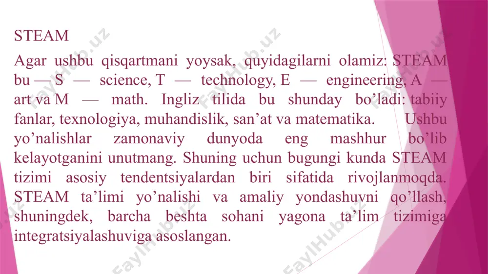 izni o’zgartirmoqda. amaliy qobiliyatga e’tibor berib, talabalar o’zlarining irodasini, ijodkorligini, moslashuvchanligini rivojlantiradi va boshqalar bilan hamkorlik qilishni o’rganadi. ushbu ko’nikmalar va bilimlar asosiy ta’lim vazifasini tashkil etadi, ya’ni. bu butun ta’lim tizimi nimaga intilishini. ta’limga ushbu yangi yondashuv qanday paydo bo’ldi? bu nazariya va amaliyotni birlashtirishning mantiqiy natijasidir. steam amerikada ishlab chiqilgan. ba’zi maktablar bitiruvchilarning martabalarini e’tiborga olishdi va fan, texnologiya, muhandislik va matematika kabi fanlarni birlashtirishga qaror qilishdi va stem tizimi shu tarzda shakllandi. (fan, texnika, muhandislik va matematika). keyinchalik bu erda art qo’shildi va endi steam oxirigacha shakllandi. o’qituvchilar ushbu mavzular, aniqrog’i ushbu fanlardan bilimlar kelajakda talabalarning yuqori malakali mutaxassis bo’lib etishishiga yordam beradi, deb hisoblashadi. oxir oqibat, bolalar yaxshi bilim olishga intilishadi va uni darhol amalda qo’llashadi. dunyo o’zgarib bormoqda, hatto ta’lim bir joyda turmasa ham. so’nggi o’n yilliklardagi o’zgarishlar yoqimli, ammo shu bilan birga bizni havotirlantiradi. ushbu yangi narsalarning ixtiro qilinishi bilan odamlar ilgari duch kelmagan …