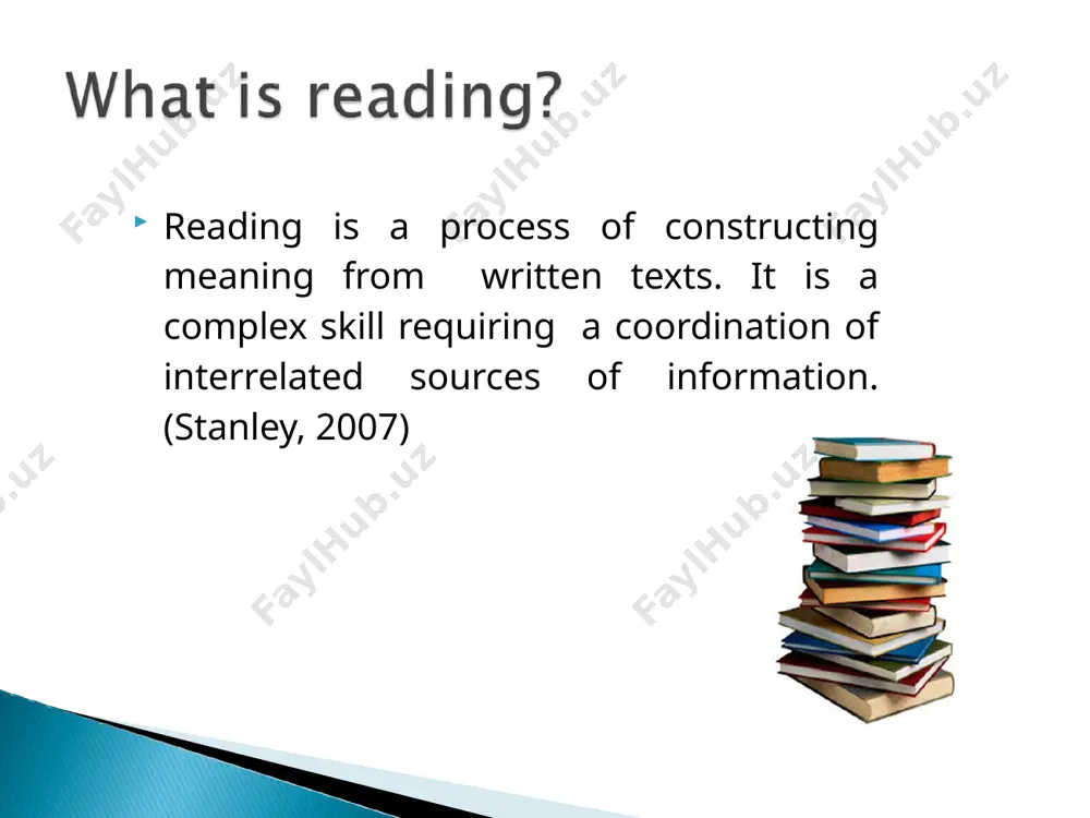 to the parts of the text that are relevant to the identified purpose and ignore the rest. 3. select strategies that are appropriate to the reading task and use them flexibly and interactively. 4. check comprehension while reading and when the reading task is completed. the key to a successful reading program is a good balance between intensive reading, extensive reading, development of vocabulary and work on reading skills and strategies why teach reading? what kind of reading should students do? what reading skills should students acquire? what are the principles behind the teaching of reading?’ what do reading sequences look like? jalolov j.j. “english language teaching methodology” t. 2015. pp. 182-197 akhmedova l.t. normuratova v.i. “teaching english practicum” t. 2011. pp 112-125 harmer jeremy. the practice of english language teaching. cambridge, 2007. p.p 283-288 harmer jeremy. how to teach english. longman, 1998