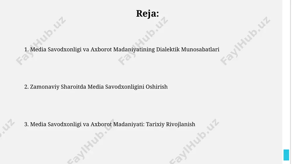 exnologiyalar mediya savodxonligini baholash va axborot madaniyatini shakllantirishda yangi imkoniyatlar va qiyinchiliklarni keltirib chiqaradi, bu jarayon 5-10 yil ichida sezilarli bo'ladi. axborotni tanqidiy tahlil qilish ахборотни танқидий таҳлил қилиш жараёнида манбаларни ҳаққонийлигини текшириш учун камида 3 та мустақил манбага таяниш ва улар ўртасидаги мосликни аниқлаш муҳимдир. ахборотни танқидий таҳлил қилишда 70% дан ортиқ визуал маълумотларнинг таъсирини ҳисобга олиш ва уларнинг мақсадини аниқлаш зарур. mediya savodxonligini rivojlantirish usullari o‘quv dasturlariga 5-10 yosh bolalar uchun media savodxonligi bo‘yicha maxsus modullarni qo‘shish, shuningdek, interaktiv o‘yinlar va amaliy mashqlar orqali bilim va ko‘nikmalarni rivojlantirish samarali bo‘ladi. jamiyatda ommaviy axborot vositalarining ta’sirini baholashga qaratilgan 2-3 ta tadqiqot loyihasini amalga oshirish orqali media savodxonligini oshirish mumkin. natijalar jamoatchilikka oshkor qilinadi. mediya va axborotdan foydalanish madaniyati internet foydalanuvchilarining soni 2023 yilda 25 millionga yetdi, bu esa axborotga kirish imkoniyatining oshishi bilan birga, kritikal fikrlash va manbalarni baholash koʻnikmalarini rivojlantirish zaruratini ham kuchaytirmoqda. soʻnggi 5 yil ichida oʻzbekistonda …