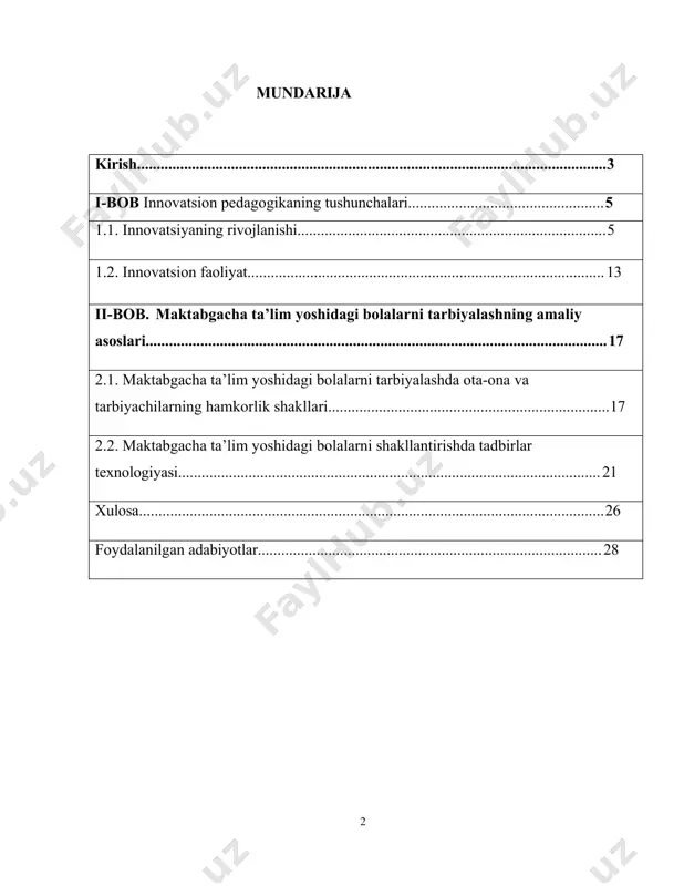 etib tarbiyalash vazifalari hal etilmoqda. bolaning vatanparvarlik tarbiyasi kelajakdagi fuqaroni shakllantirishning asosidir. o‘z vatanining vatanparvarini tarbiyalash mas'uliyatli va qiyin vazifa bo‘lib, uni hal qilish maktabgacha yoshdagi bolalikdan boshlanadi. rejali, tizimli ishlar, turli ta’lim vositalaridan foydalanish, bog‘cha va oilaning umumiy sa’y-harakatlari, kattalarning o‘z so‘zi va qilgan ishlari uchun mas’uliyati ijobiy samaralar berib, vatanparvarlik tarbiyasi borasidagi keyingi ishlarga asos bo‘lishi mumkin. kurs ishining predmeti: maktabgacha yoshdagi bolalarda tarbiyalash jarayonini nazariy va amaliy tadqiq etish. kurs ishining vazifalari: 1) kurs ishini ilmiy adabiyotlar asosida yoritib berish. 2) kurs ishini amaliyotda qo‘llanilgan metod va o‘yinlar asosida boyitish. 3) kurs ishining ahamiyati haqida ma'lumot berish 4) yig‘ilgan ma'lumotlar asosida xulosa va tavsiyalar ishlab chiqish. kurs ishining strukturasi va hajmi. kurs ishi 2 bob, 4 bo‘lim, xulosa, tavsiya, foydalanilgan adabiyotlar va ilovalardan iborat. i-bob innovatsion pedagogikaning tushunchalari 1.1. innovatsiyaning rivojlanishi hozirgi taraqqiyotimizning talablari asosida ta’lim standartlari takomillashtirilib, dasturlar modernizatsiya qilinib, ta’lim muassasalariga yetkazilib berilmoqda. ta’lim muassasalarining …