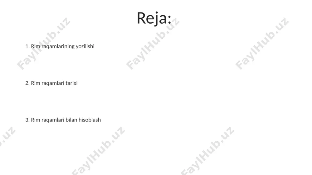 ini ko'rsatish uchun ishlatilgan. rim raqamlari yordamida 1 dan 3999 gacha bo'lgan sonlarni ifodalash mumkin, bundan kattaroq sonlarni ifodalash uchun chiziq usuli qo'llaniladi (masalan, v̅ = 5000). ushbu tizimda 0 soni mavjud emas. rim raqamlari tizimi rim raqamlari tizimida kichik son qiymatli belgi katta son qiymatli belgining chap tomonida tursa, undan ayiriladi (masalan, iv=4, ix=9); agar o'ng tomonida tursa, qo'shiladi. rim raqamlari tizimi, o'rta asrlarda keng qo'llanilgan bo'lsa-da, hozirgi zamonda asosan soatlar, boblarning raqamlashida va boshqa tarixiy kontekstda uchraydi, arab raqamlari tizimiga nisbatan kam qo'llaniladi. rim raqamlari tarixi rim raqamlari zamonaviy raqamlash tizimiga qaraganda ancha cheklangan edi, katta sonlarni yozishda noqulayliklar tug'dirar va 4000 dan yuqori sonlarni ifodalash uchun maxsus belgilar yoki chiziqlar qo'llanilgan. rim raqamlari qo'shilish va ayirish printsiplariga asoslangan bo'lib, kichik qiymatli belgilar katta qiymatli belgilar chap tomonida joylashganda ayirish, o'ng tomonida joylashganda qo'shish amalini bildiradi, masalan, iv=4, vi=6. rim raqamlarining yozilishi rim raqamlari i, v, x, l, …