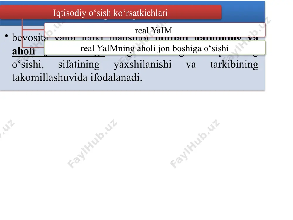 ste’mol tovarlari y2000 y2008 iqtisodiy o‘sish natijasida milliy iqtisodiyot ishlab chiqarish imkoniyatlarining kengayishi к т = 70 «70 miqdori qoidasi» bu yerda т yaimni 2 baravarga oshirish uchun talab qilinadigan vaqt к iqtisodiy o‘sish sur’ati xolbuki, iqtisodiy o‘sishning 2000 yildagi 4,0% darajasida bu ko‘rsatkichga 17,5 yilda (70:4) erishish mumkin edi. 2- rasm. o‘zbekistonda yalpi ichki mahsulotning yillar davomida o‘sish dinamikasi, foizda manba: o‘zbekiston respublikasi davlat statistika qo‘mitasi ma’lumotlari. iqtisodiy o’sish turlari ekstensiv iqtisodiy o‘sishga ishlab chiqarishning avvalgi texnikaviy asosi saqlanib qolgan holda ishlab chiqarish omillari miqdorining ko‘payishi tufayli erishiladi. iqtisodiy o‘sishning intensiv turi sharoitida mahsulot ishlab chiqarish miqyoslarini kengaytirishga ishlab chiqarish omillarini sifat jihatidan takomillashtirish, yanada ilg‘or ishlab chiqarish vositalarini va yangi texnikani qo’llash, ishchi kuchi malakasini oshirish, shuningdek, mavjud ishlab chiqarish potensialidan yaxshiroq foydalanish yo‘li bilan erishiladi. 2. iqtisodiy o‘sishning omillari. iqtisodiy o‘sishning taklif omillari 1 tabiiy resurslarning miqdori va sifati; 2 ishchi kuchi resurslari miqdori va sifati; 3 …