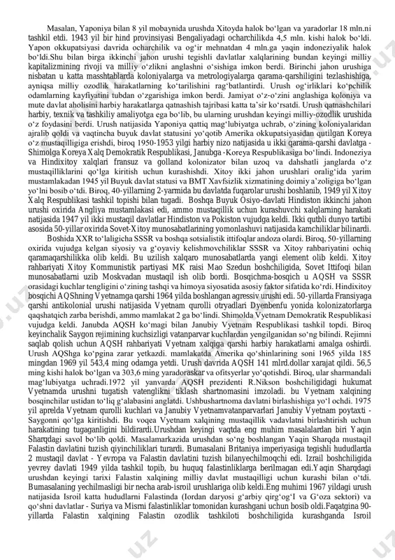 lardi. o‘sha yillarda mashhur gazeta magnati g.lyus “urush tugashi aqshga shu darajada ta’sir ko‘rsatadiki, natijada amerika asri keladi” g‘oyasi bilan chiqdi. “amerika asri” xx asrning 2-yarmida dunyo sahnasida amerika siyosatining shiori bo‘ldi. biroq, aqsh o‘zining harbiy va siyosiy qudrati bilan urushdan so‘nggi dunyoda yagona yo‘lboshchi bo‘la olmadi. xalqaro darajada aqsh, o‘z ta’siri ostidagi hududlarga aralashadigan begonalar bilan qattiq kurashadigan boshqa mavjud yirik davlat sssr bilan hisoblashishga majbur edi. sovet ittifoqi urushdan qudratli harbiy-siyosiy davlat bo‘lib chiqdi va aqsh kabi eng qudratli davlat bo‘lishga harakat qilardi. gitler germaniyasini yengishda muhim rol uynagan. sovet ittifoqi dunyoda o‘zining ta’siri va obro‘sining oshishiga erishdi. urushdan keyingi tartibga solish natijasida sharqiy yevropa (bolgariya, chexoslovakiya, vengriya, polsha, albaniya va yugoslaviya) va osiyodagi (xitoy, vyetnam, kxdr va boshqalar) mamlakatlarning bir guruhi sssr ta’siriga tushib qoldi. dunyoviy sotsialistik tizim shakllanishiga zamin yaratildi va bunga 60 yillarda kuba ham qo‘shildi. sssr va boshqa sotsialistik mamlakatlar tobe xalqlar va davlatlarda …