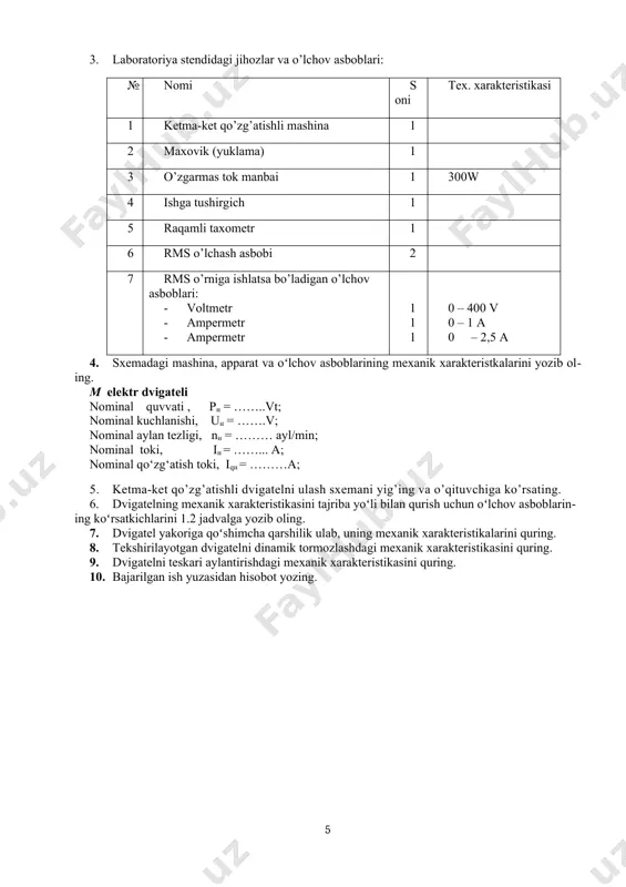ng. 8. tekshirilayotgan dvigatelni dinamik tormozlashdagi mexanik xarakteristikasini quring. 9. dvigatelni teskari aylantirishdagi mexanik xarakteristikasini quring. 10. bajarilgan ish yuzasidan hisobot yozing. 2.2 – rasm: ketma-ket qo’zg’atishli dvigatelni ishga tushirish sxemasini. 1.2 – jadval: № o’lchanadi hisoblanadi u, v nd, ayi/min iya, a iq, a мym, nm ∆м, nm мd, nm 1 2 3 4 5 nazorat savollari: 1. ketma-ket qoʻzgʻatgichli dvigatelning tabiiy va tezlik xarakteristikalarining farqi nimada? 2. tormozlash rejimida dvigatelning mexanik xarakteristikasi nechanchi kvadrantda joylashadi? 3. tormoz rejimida dvigatel mexanik xarakteristikasi formulasini yozing. 4. nima uchun ketma-ket qozg’atishli dvigatelni yuklamasiz ishga tushirish mumkin emas? 5. nima sababdan sxema bo‘yicha ulangan ketma-ket qo‘zg‘atishli elektr dvigatel uchun generator to‘xtatish rejimi mumkin emas? 6. ketma-ket qo‘zg‘atishli o‘zgarmas tok dvigatelning qaysi xususiyatlari tezlik va mexanik xarakteristikalari tenglamasini ifodalashga yo‘l qo‘yilmaydi? 7. qaysi sxema bo‘yicha ulangan ketma-ket qo‘zg‘atishli elektrdvigatel generator to‘xtatish rejimida ishlaydi? 8. yakor zanjiri shuntlangan ketma-ket qo‘zg‘atishli elektrdvigatelning tezligi ushbu qarshiligini …