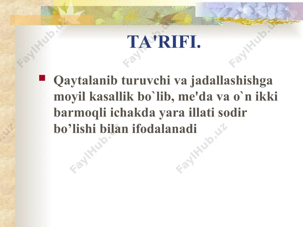 ana o’tkazuvchanligini kuchaytiradi «ximoyachi» omillar: (1) tarkibida neytral mukopolisaxaridlar bo`lgan me'da va o`n ikki barmogli ichak shillig’i; (2) sialo va sulfomutsinlar (4) normal maxalliy qon aylanishi tasnifi 1. etiologiyasiga qarab: a) xelikobakter pilori bilan bog’langan. b) xelikobakter pilori bilan bog’lanmagan. 2. joylashishiga qarab: a) me'da yarasi: a) kardiya qismi b) kichik egriligi v) pilorik bo’limi (oshqozonni chiqishi) g) antral bo’limi b) o’n ikki barmoqli ichak yarasi: a) piyozchasida b) piyozchadan tashqari bo’lim (postbulbar) c) me'da va o’n ikki barmoqli ichak yarasining birga mavjudligi 3. yara turiga qarab: a) yakka b) ko’pchilik 4. yara diametriga qarab: a) kichkina diametrli 0,5 sm gacha b) o’rta diametrli 0,5-1sm gacha c) katta diametrli 1,1-2,9sm d) ulkan (juda katta), me'da yarasi uchun 3sm va ortiq, o’n ikki barmoqli ichak yarasi uchun 2sm dan ortiq 5. klinik kechishiga qarab: a) tipik b) notipik - notipik og’riq sindromi bilan - og’riqsiz (lekin boshqa klinik belgilar bilan) - …