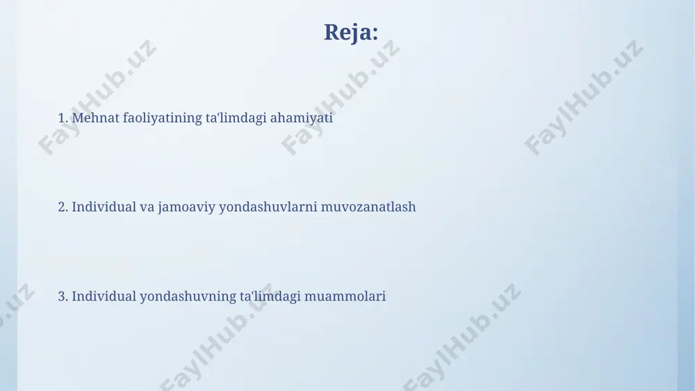 esa ularning 2023-yilgi xalqaro reytinglardagi o'rnini yaxshilashga olib keladi, masalan, pisa testlarida. ta'limda individual yondashuvning ijobiy va salbiy tomonlari individual yondashuvning samaradorligi o'quvchilarning o'z-o'zini boshqarish ko'nikmalariga, 5 ball shkalasi bo'yicha 3 va undan yuqori ball to'plaganlarning o'qish natijalariga bog'liq, bu esa farg'ona shahridagi tajribalar asosida tasdiqlangan. ta'limda individual yondashuv o'quvchilarning 30% gacha bo'lgan qismida o'ziga xos bilim olish tezligini va samaradorligini oshirishi mumkin, biroq qolgan 70% uchun qo'shimcha resurslar va individualizatsiyalashgan yondashuvlar talab etiladi, masalan, toshkentdagi maktablarda. mehnat faoliyati orqali bilim va ko'nikmalarni rivojlantirish mehnat faoliyati orqali o'quvchilarning 70% gacha amaliy ko'nikmalarini rivojlantirishga erishish mumkin, bu esa toshkentdagi 5 ta maktabda o'tkazilgan tadqiqotlar natijalarida tasdiqlangan. samarqand viloyatida o'tkazilgan tajriba shuni ko'rsatdiki, mehnat darslarini haftasiga 2 soatdan 4 soatga oshirish, o'quvchilarning o'z-o'zini boshqarish qobiliyatini 15% ga yaxshilaydi. mehnat faoliyatining ijtimoiylashuvda roli mehnat faoliyati, 7-10 yoshli bolalarda 20% ga yaqin ijtimoiy ko'nikmalarni rivojlantirishga yordam beradi, bu esa samarqanddagi tajriba maktablarida o'tkazilgan tadqiqotlar …