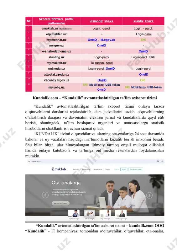 nlarini davlat ta’lim standartlariga muvofiq o‘zlashtirish darajasi” maktabda sog‘lom muhit yaratilganligi, maktab jamoasining samalari mehnati, bugungi davr talabidan kelib chiqib o‘quv jarayonini tashkil qilish bilan yaxshi natijalarga erishish mumkin. tizimning o‘zlashtirish bandi orqali ushbu ko‘rsatkichni aniqlanash mumkin. o‘quvchilar o‘zlashtirish darajasini kunlik, haftalik, oylik, choraklik, yillik hisobotlarini shakllantirish va tahlil qilish asosida o‘rganib boriladi. o‘quvchilarning kunlik, haftalik, oylik davomatlari maktab, sinflar, va sinf rahbarlari bo‘yicha shakllantiriladi baholar statistikasidan maktab, sinflar va fanlar bo‘yicha hisobot davri uchun o‘quvchilarning olgan baholari ma’lumotlari hisobotini shakllantiriladi. elektron jurnal va kundaliklarni yuritish statistikasi: maktab, sinflar, o‘qituvchilar bo‘yicha hisobotlar shakllantiriladi. kundalikda faolligi orqali ta’lim ishtirokchilarining tizimdan foydalanishi bo‘yicha hisobotlar shakllantiriladi. shu bilan birga ota-onalarning o‘z farzandlarining kundaligi, uy vazifalarini qachon oxirgi marta ko‘rganligi, va necha marta tizimga kirganligi haqidagi hisobotlar shakllantiriladi. e-shahodatnoma.uz – axborot tizimi erp.maktab.uz - xalq ta’limi tizimini boshqarishning yagona dasturiy majmuasi erp tizimi – xalq ta’limi tizimini boshqarishdagi axborot tizim bo‘lib, o‘qituvchi va o‘quvchilarning …