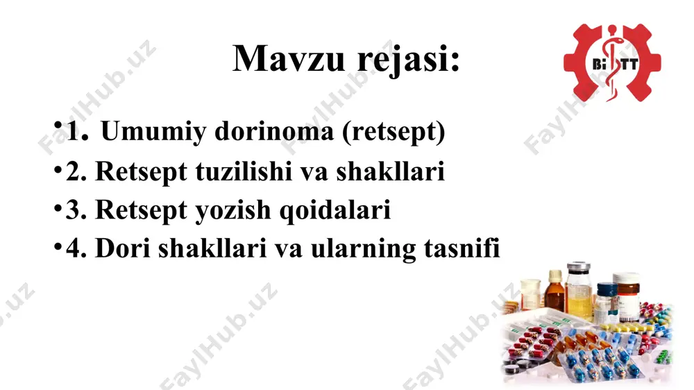fokorning farmatsevtik ma’lumotga ega bo‘lgan mutaxassisga dori preparatlarini tayyorlash va (yoki) berish hamda uning qo‘llanilish usuli to‘g‘risidagi elektron yoki yozma shakldagi ko‘rsatmasi; retseptura elektron retsept ― shifokorning farmatsevtik ma’lumotga ega bo‘lgan mutaxassisga dori vositasini tayyorlash va (yoki) berish hamda uning qo‘llanilish usuli to‘g‘risidagi ko‘rsatmasini tezkor ravishda olish imkonini beruvchi elektron shaklda qayd etilgan, elektron raqamli imzo bilan tasdiqlangan va elektron hujjatning uni identifikatsiyalash imkonini beradigan boshqa rekvizitlarga ega bo‘lgan elektron hujjat; ekstemporal usulda tayyorlanadigan dori vositalari ― bemorga shifokor tomonidan berilgan retsept asosida dorixona sharoitida tayyorlangan dori preparatlari. retsept tuzilishi va shakllari retsept blankasi ikki qismdan iborat boʻlib, maxsus, oʻlchami 105 mm x 148 mm boʻlgan (yirtma koreshogi oʻlchami esa 70mm x 148 mm) blankada siyoh yoki sharikli ruchkalarda aniq va ravshan qilib yozilishi kerak. chunki u tibbiy yuridik hujjatdir. imtiyozga ega boʻlgan bemorlar uchun retsept yozilganda retsept blankasiga bu haqda tegishli muhr (―bepul, ―imtiyozli) bosiladi va albatta shifokorning imzosi, …