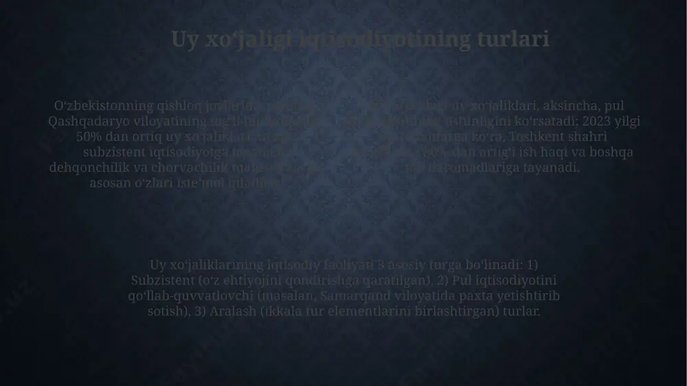 afar kishilik oilalardan tortib 5-6 nafar yoki undan koʻp kishidan iborat oilalarga qadar turmushini taʼminlash boʻlib, bu samarqand viloyati kabi qishloq joylardagi oilalar uchun ayniqsa muhimdir. aktivlar va passivlarni boshqarish бухоро шаҳридаги 50 та ёш оиланинг молиявий режаларини ўрганишда, активларни (акциялар, инвестициялар) ошириш ва пассивларни (микроқарзлар, 3000$ гача бўлган турли хил қарзлар) камайтириш бўйича самарали стратегияларнинг йўқлиги кузатилди. самарқанд вилоятидаги қишлоқ хўжалигига ихтисослашган 100 та оилани ўрганиш натижасида, активлар (ер участкалари, чорва моллари) ва пассивлар (фермер хўжалигига олинган 10.000$ кредит) ўртасидаги мувозанатни таъминлашдаги муаммолар аниқланди. 2023 йилда тошкентдаги ўртача оила бюджетини таҳлил қилишда, активлар (масалан, кўчмас мулк, 1-2 та автомашина) ва пассивлар (кредитлар, 5000$ гача бўлган қарзлар) нисбатини баҳолаш муҳимдир. ijtimoiy-iqtisodiy omillar taʼsiri 2022 йилда тошкент шаҳридаги оилаларнинг 70%и ўртача ойлик даромади 2 млн сўмдан кам бўлиб, бу ижтимоий ҳимоя дастурларининг самарадорлигига таъсир кўрсатди. андижон вилоятидаги 5000 та оилага ўтказилган сўровнома кўрсатишича, 20%и электрон тижорат имкониятларидан фойдаланмайди, бу уларнинг иқтисодий …