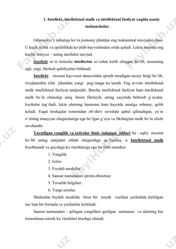 guvохnоmasi yoki patеnt bеriladi. mualliflik guvохnоmasi umrbоd bеrilib, patеnt esa ma`lum vaqtgacha saqlanadi. inson faqat intellektga ega bo‘lgandagina oqilona ishlar qilishi, ijod bilan shug‘ullanishi va ma’naviy jihatdan to‘laqonli hayot kechirishi mumkin. inson o‘z oldiga vazifalar qo‘ya oladi va ularni hal qilish yo‘llarini izlaydi, fan va san’at asarlarini yaratadi, texnikaning yangi namunalarini ixtiro qiladi, tobora takomillashgan har tomonlama mukammal tovarlar ishlab chiqaradi, bino va sanoat korxonalari quradi. intеllеktual faоliyatning kеyinchalik qandaydir birоr-bir оb`еktiv (mоddiy) shaklda ifоdalana оladigan natijalarigina intеllеktual mulk bo`ladi dеb aytish mumkin. insoniyat dahosi, uning intellekti bizni o‘rab turgan tabiatni, olamni o‘zgartirishga qodir. inson hayotining maqsadi – eng yaxshi narsalarga intilishdir. ibtidoiy tuzumdan, ya’ni ilk mehnat qurollari yaratilgandan boshlab inson har doim o‘zining turmush tarzini yaxshilash, o‘z ijodiy salohiyatini amalga oshirish yo‘llarini tinimsiz izlab kelgan. shuning uchun ham qadim zamonlardan insoniyat jamiyatida birinchi olimlar, ixtirochilar, rassomlar va musiqachilar paydo bo‘lgan. ular insonlar hayoti va turmushini yengillashtiruvchi asbob–uskunalar ixtiro qilishgan, …