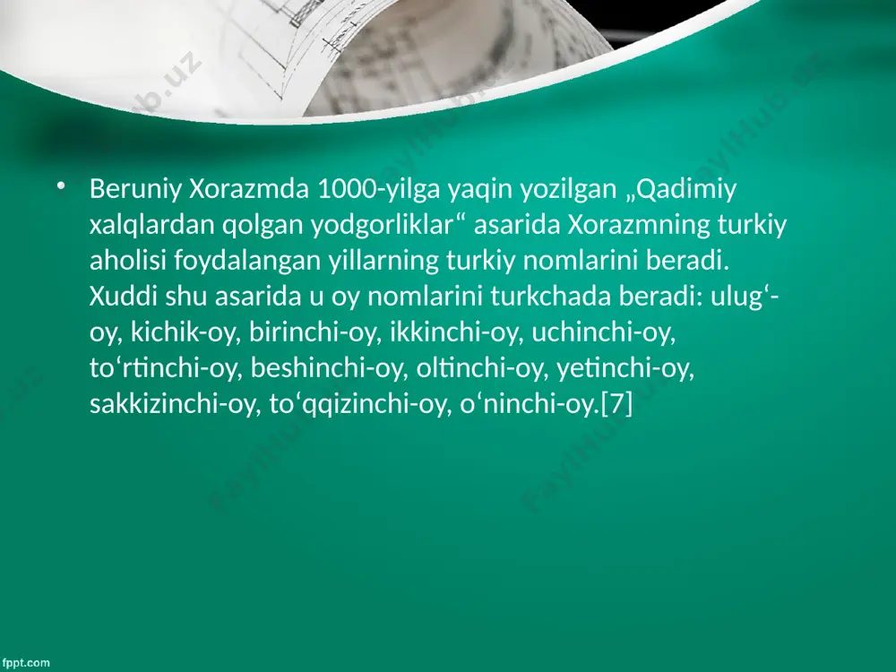 1025-yilda yozib tugatildi. beruniyning „munajjimlik sanʼatidan boshlangʻich tushunchalar“ asari ham 1029-yilda gʻaznada yoziladi. oradan bir yil oʻtgandan soʻng u oʻzining „hindiston“ nomi bilan tanilgan „hindlarning aqlga sigʻadigan va sigʻmaydigan taʼlimotlarini aniqlash“ kitobini yakunlaydi. bunda beruniy hozirgi amerika qitʼasini mavjudligini kolumbdan bir necha asr avval ilmiy asoslab bergan. bu shoh asarning vujudga kelishiga mahmud gʻaznavining hindistonga yurishlari sabab boʻldi. olimning muhim asarlaridan biri „qadimgi xalqlardan qolgan yodgorliklar“ uning jurjon saroyida xizmat qilgan davrida yaratiladi. 1000-yili tugallagan bu asar muallifning koʻp qirrali olim ekanini namoyish etdi va unga katta shuhrat keltirdi. umuman, beruniy joʻrjonda 10 dan ortiq asrlarini bitishga muyassar boʻldi. xorazmning yangi hukmdori abu abbos maʼmun ibn maʼmun beruniyni oʻz saroyida katta izzat-hurmat bilan qabul qiladi. maʼmun rahnamoligida vujudga kelgan ilmiy markazda faoliyat koʻrsatish bilan birga siyosiy jarayonlarda ham xorazmshohning yaqin maslahatchisiga aylanadi. olim sulton masʼudning oʻgʻli mavdudning hukumronlik yillarida (1041—1049) oʻzining „mineralogiya“ va „farmakognoziya“ deb atalgan ikki asarini yozadi. ularning …