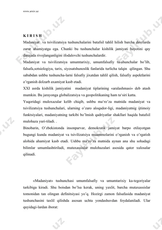 b talqin qilinadi. ikkinchidan, moddiy va ma‘naviy madaniyat bir–biridan ajratib qo’yiladi. moddiy va ma‘naviy qadriyatning bo’linishi shartli va nisbiy xarakterga ega bo’lib, ularni bir-biridan ajratib talqin qilish maqsadga muvofiq emas. bu ikki tushuncha yaxlit sistemaning elementlari sifatida biri ikkinchisini to’ldirib turadi. bu ayniksa ilmiy-texnik taraqqiyot sharoitida moddiy va ma‘naviy madaniyat integratsiyasida yaqqol kuzga tashlanadi. masalan, ma‘naviy madaniyatning moddiy tomoni roli va ahamiya-tining oshib borishi (radio, televidenie, kino, o’quv trenajer-lari), ikkinchi tomondan moddiy madaniyatdagi ma‘naviylik rolining kuchayishi (bunday holatga dizaynni misol qilish mumkin) ana shunday integratsiya mahsulidir. 2 aksiologik yondashuv. bu yondashuvda jamiyatning, insonning madaniy saviyasi darajasi ob‘ektni o’z etaloni bilan taqqoslash yordamida aniqlanadi. ko’rinib turibdiki, ushbu yondashuv nisbiy xarakterga ega. xususan, yevropotsentrizm turli mintaqalardagi madaniy taraqqiyotni yevropa madaniyati singdirganligi daraja-siga qarab belgilaydi. ayni paytda yevropa madaniyatida qoloqlik belgisi sanalgan ayrim fenomenlar o’zga madaniyat tiplarining o’ziga xos xususiyati ekanligi e‘tibordan chetda qoladi. 3.faoliyatli yondashuv madaniyatni faoliyatning insonga xos shakli sifatida tahlil …