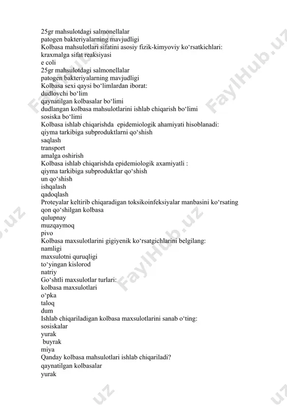 kshirish uchun jami mahsulotdan nechta namuna olinadi? 10 ta lekin 2 tadan kam emas 8 ta lekin 4 tadan kam emas 6 ta lekin 3 tadan kam emas 5 ta lekin 3 tadan kam emas kolbasa mahsulotlari sifatini asosiy kimyoviy sifat ko‘rsatkichlari: uchuvchan yog’ kislotalari e coli 25gr mahsulotdagi salmonellalar patogen bakteriyalarning mavjudligi kolbasa mahsulotlari sifatini asosiy kimyoviy sifat ko‘rsatkichlari: sho’rva reaksiyasi ta’mi hidi patogen bakteriya kolbasa mahsulotlari sifatini asosiy kimyoviy sifat ko‘rsatkichlari: oltingugurt miqdori ta’mi hidi patogen bakteriya kolbasa mahsulotlarini tashishga bo’lgan talablar? maxsus transportlarda tashish shaxsiy avtomobilda tashish qo’lda tashish yetkazib berish xizmati