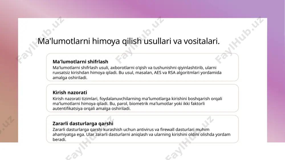 rategiyalarining ishlab chiqilish. kiberxavfsizlik tahdidlari: o'zbekiston uchun xavf-xatarlar. kiber tahdidlar o'zbekistonda kiber tahdidlar, jumladan, ziyonli dasturlar va hujumlar ko'paymoqda, bu esa axborot xavfsizligini jiddiy xavf ostiga qo'yadi. ijtimoiy muammolar ijtimoiy muammolar, masalan, internetdagi haqiqiy ma'lumotlar va axborotlarning noto'g'ri tarqatilishi, kiber tahdidlar uchun qulay sharoit yaratmoqda. ekonomik ta'sir kiberxavfsizlik tahdidlari iqtisodiy rivojlanishga salbiy ta'sir ko'rsatishi mumkin, bu esa investitsiyalar va innovatsiyalarni susaytiradi. o'zbekistonda kiberxavfsizlikning iqtisodiy ta'siri. kiberxavfsizlik va iqtisod ish o'rinlari yaratish iqtisodiy barqarorlik kiberxavfsizlik iqtisodiyotning ajralmas qismi bo'lib, biznes jarayonlarini himoya qilib, ishonchni oshiradi va investitsiyalarni jalb etadi. kiberxavfsizlik sohasida yangi ish o'rinlari yaratilishi, malakali mutaxassislarga talabni oshiradi va ish bilan ta'minlashni yaxshilaydi. kiberxavfsizlikning samarali amalga oshirilishi, iqtisodiy barqarorlikni ta'minlaydi, mamlakatning raqobatbardoshligini oshiradi va mahalliy ishlab chiqarishni qo'llab-quvvatlaydi. kiberxavfsizlik sohasida kadrlar tayyorlash muammolari. 1 ta'lim muammolari - o'zbekistonda kiberxavfsizlik ta'limi yetarli emas. universitetlar va o'quv markazlarida zamonaviy dasturlar va malakali o'qituvchilar yetishmayapti. 2 amaliy tajriba - kiberxavfsizlik sohasida amaliy tajriba …