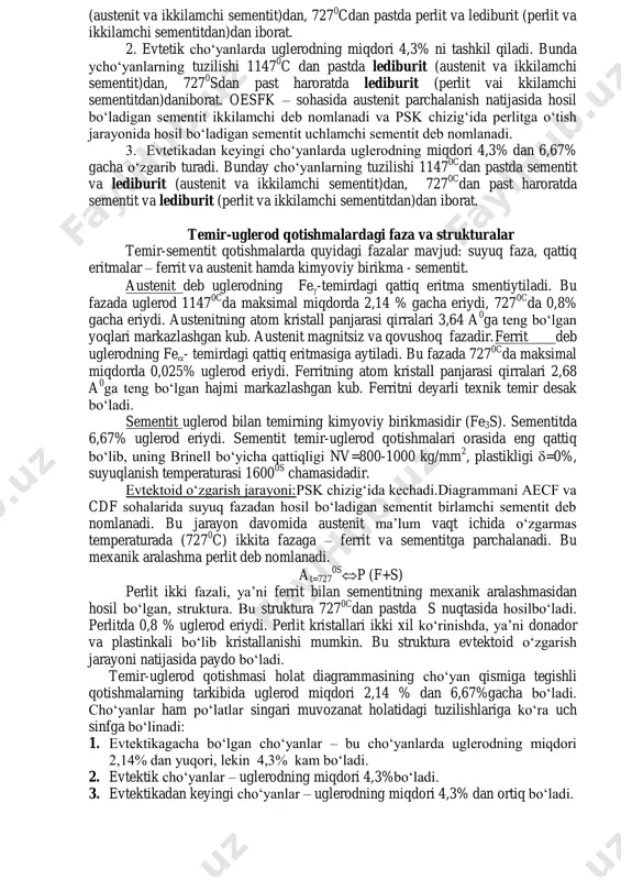 stenidan ferrit ajralishining boshlanishi gp austenitdan ferrit ajralishining tugallanishi rs austenitdan ferrit ajralishing tugallaniishi va ausstenitdan perlit hosil bo’lishi rsk austenitdan perlit hosil bulishievtektoid o’zgarish chizig’i se ikkilamchi sementit ajralishining boshlanishi sk ikkilamchi sementining ajralishining tugashi ro ferrittdan uglamchi sementit ajralishining boshlanishi 1.2 rasm fe – fe3c holat diagrammasi fe-fe3s holat diagrammasi asosan ikki qismgabo‘linadi: -tarkibida uglerod 0,01% dan 2,14% gacha bo‘lgan po‘lat qismi; - tarkibida uglerod miqdori 2,14% dan 6,67% gacha bo‘lgan cho‘yan qismi. temir uglerod qotishmalari suyuq holatdan asta-sekin uy temperaturasigacha sovitilganda ularda ferrit, austenit – qattiq eritmalari, sementit – kimyoviy birikma va perlit hamda ledeburit –mexanik aralashmalari kuzatiladi. diagrammaning po‘lat qismida joylashgan temir bilan uglerodning birikishidan hosil bo‘lgan qotishmalarini ko‘rib chiqamiz. po‘lat deb, tarkibida 2,14% gacha uglerod bo‘lgan temir-uglerod qotishmasiga aytiladi. muvozanat holatida po‘latlar tuzilishi bo‘yicha uch sinfga bo‘linadi: 1. evtektoidgacha bo‘lgan po‘latlarda uglerodning miqdori 0,8% gachabo‘ladi va ularning tuzilishi 727 0c danpast haroratda ferrit va perlitdan …
