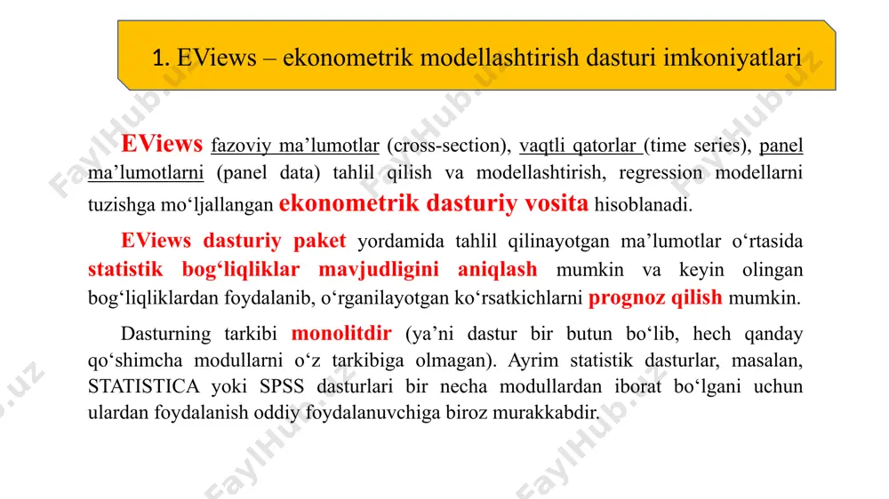 modellari. 2. eviews dasturini ishga tushirish eviews dasturini ishga tushirishning bir necha usullari mavjud: 1) pusk menyusidan eviews dasturini topib, sichqonchaning chap knopkasini bir marta bosish lozim; 2) windowsning ish stolida yorlig‘iga sichqonchaning chap knopkasini ikki marta bosish lozim; 3) windowsning buyruqlar qatorida eviews so‘zini yozib, enter knopkasini bir marta bosish lozim. natijada eviews dasturi ishga tushadi va ekranda quyidagi ko‘rinishda oyna paydo bo‘ladi (1-rasm): 1-rasm. eviews dasturi oynasi 3. eviews dasturida ma’lumotlarni kiritish va yuklash. ekonometrik modellashtirishda foydalaniladigan ma’lumotlar quyidagi 3 turga bo‘linadi: 1. 1) fazoviy ma’lumotlar (cross-sectional data); 2. 2) vaqtli qatorlar (time-series data); 3. 3) panel ma’lumotlari (panel data). fazoviy ma’lumotlar. fazoviy ma’lumotlar – bu bir davrda yoki vaqt momentidagi turli xil obyektlarni xarakterlovchi iqtisodiy yoki ijtimoiy axborotlar to‘plamidir. fazoviy ma’lumotlarga misol sifatida turli mamlakatlarda aniq bir yilda yaim (yalpi ichki mahsulot), inflyatsiya, ishsizlik darajalari to‘g‘risida ma’lumotlar, ayrim hududda joylashgan korxonalarning aniq vaqtdagi ma’lumotlarini (korxonalarning ishlab chiqargan …