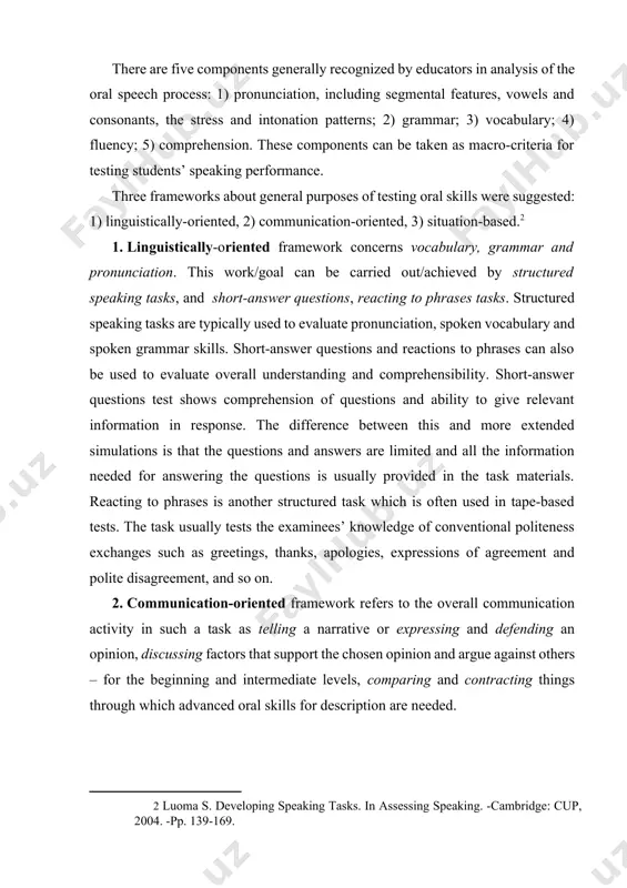 tion. in table 21 you find some examples, suggested by s. luoma[footnoteref:3], that show the types of test items and their functions. [3: luoma s. developing speaking tasks. in assessing speaking. -cambridge: cup, 2004. -pp. 139-169. ] assessing of reading assessment of reading performance is carried out within skimming (reading for gist), scanning (reading for details), and extensive (reading for pleasure focuses on informational content). reading presupposes forming receptive and comprehension skills. at the beginning level of reading in english classrooms, the receptive tasks include: recognition of alphabetic symbols, capitalized and lowercase letters, punctuation, words, and grapheme-phoneme correspondences. they are referred to as «literacy» tasks, implying that the learner is in the early stages of becoming ‘literate’. the following tasks for testing are used: 1) reading aloud; 2) written response; 3) multiple-choice; 4) picture-cued. scanning and skimming reading. a combination of bottom-up and top- down processing may be both used …