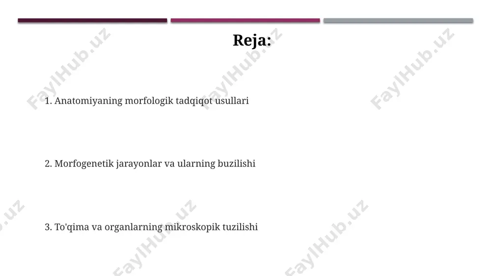 asi embrionning 3 ta asosiy qavatidan (ektoderma, mezoderma, endoderma) organlarning shakllanishini, ya'ni organogenezni 28 hafta davomida o'rganadi. rivojlanish morfologiyasi, taxminan 40 hafta davom etadigan prenatal davrni o'rganadi va unda asosiy tana sistemalarining shakllanishi va ularning o'zaro bog'liqligi tahlil qilinadi. insonning rivojlanish morfologiyasi hujayralar sonining 1 trilliontagacha ko'payishi, to'qimalarning differentsiatsiyasi va 200 dan ortiq turdagi hujayralarning paydo bo'lishini o'z ichiga oladi. to'qimalarning morfologiyasi to'qimalarning morfologik xususiyatlari mikroskopik tekshiruvlar, 400x kattalashtirishda gistologik bo'yash usullari yordamida aniqlanadi va tasvirlanadi. to'qima regeneratsiyasi jarayonini o'rganishda, fibroblastlar soni va kollagen tolalarning zichligi kabi 5 ta muhim morfologik parametrlar hisobga olinadi. to'qimalarning morfologiyasi hujayralarni, ularning o'zaro ta'sirini va hujayradan tashqari matritsaning 3 ta asosiy tuzilish turlarini (biriktiruvchi, epiteliy, mushak va nerv to'qimalari) o'rganadi. organlarning morfologiyasi inson tanasidagi 200 dan ortiq turli xil organlarning morfologiyasi ularning funksiyalari bilan chambarchas bog'liq bo'lib, shakl va tuzilishdagi farqlar turli xil fiziologik jarayonlarni aks ettiradi. organlarning morfologiyasi hujayra, to'qima va organ darajasidagi …