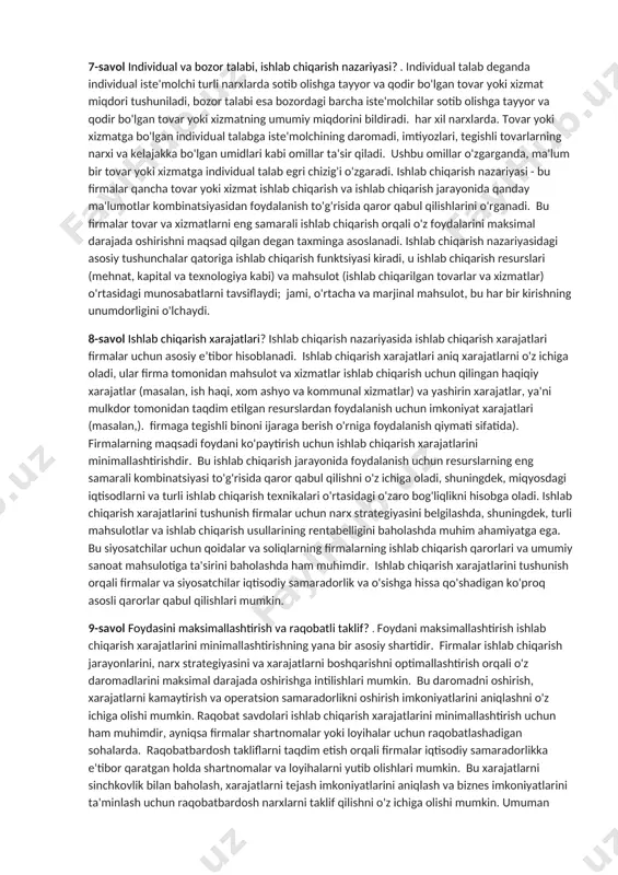i, bozor tizimi va sotish-strategiyalari tahlil qilishda o'rtacha amal qiladi. 1. maksimal narx (maximum price): maksimal narx, qo'shma bozor tizimida davlatning yoki boshqa tashkilotning bir yoki bir nechta mahsulot yoki xizmat uchun belgilangan eng yuqori narxdir. maksimal narx qo'shma bozorda qo'ng'iroqning kam bo'lishi, qo'shma bozor tizimida xavfsizlikni ta'minlash uchun yoki maqsadli maqsadlar uchun ishlatilishi mumkin. 2. minimal narx (minimum price): minimal narx esa, qo'shma bozor tizimida bir yoki bir nechta mahsulot yoki xizmat uchun belgilangan eng past narxdir. minimal narx, boshqa bozor tizimi yoki hodisa vaqtida narxlarning pastroq bo'lishini oldini olish, daromadning pastroq bo'lishini oldini olish, yoki maqsadli maqsadlar uchun ishlatilishi mumkin. bu turi bozor aloqalarini boshqarish, daromad va narxlarning stabil bo'lishini ta'minlash uchun iste'mol qilinadi. lekin, bu usullar odatda iqtisodiyotda narxning o'zgarishliligini qo'llab-quvvatlay olmaydi va ba'zida negativ oqibatlarga olib kelishi mumkin. 5-savol qimmatli qog’ozlar bozori? . fond bozori, qimmatli qogʻozlar bozori — moliya bozorining qimmatli qogʻozlar emissiyasi va ularning …