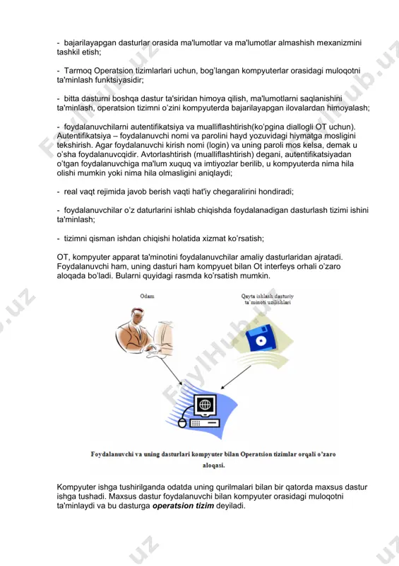 azuvchanlik hobiliyati yoki reaktivligi bshlishi mumkin. resurslarni boshqarish, masala resursi tipiga bog’liq bo’lmagan ikkita umumiy masalani echishni o’z ichiga oladi: - resursni rejalashtirish - ya'ni berilgan resursni kimga, hachon va taqsimlashdan iboratdir; - resurs holatini kuzatish – resursni band yoki bo’shligi, bo’linadigan resurslar hahida esa resursning qancha qismi esa taqsimlanmaganligi hahidagi operativ ma'lumotni olib turishdan iboratdir. resurslarni boshqarishni umumiy masalasini echishda, turli operatsion tizimlar lar turli algoritmlardan iboratdir, bu esa o’z navbatida operatsion tizimlarlarni umumiy hiyofasi, unumdorlik xarakteristikalari, qo’llanilish sohalari va hatto foydalanuvchi interfeysini yuqori darajada operatsion tizimlar vaqtni bo’lish tizimi, paketli ishlov berish tizimi yoki real vaqt tizimiga mutanosibligini belgilaydi. tizimli dasturi ta'minot (dt) eng quyi dasturiy ta'minotdir. bunday dasturiy ta'minotga quyidagilar kiradi: operatsion tizim-ot, fayllarni boshqaruv tizimlari, operatsion tizimlar bilan foydalanuvchi muloqoti uchun interfeys hobihlari, dasturlash tizimlari, utilitalar. operatsion tizim - bu tizimli boshqaruvchi dasturlarning zaruriy ma'lumot massivlari bilan tartibga solingan ketma-ketligidir. u foydalanuvchi dasturlarining bajarilishi va rejeleshtirish, …