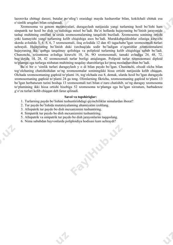 il turga oid organizmlar chatishishi natijasida uchinchi turning kelib chiqishi kuzatiladi. uchinchi usul belgilarining ajralishi - divergensiya bilan bog’liq . individlar bir tur doirasida har xil populatsiyalarga mansub bo’lsa va erkin chatishib, nasi bersa, tur yaxlit va butun hisoblanadi. yangi tur hosil bo’lishi uchun esa populatsiyalar orasida alohidalanish yuzaga chiqishi kerak. alohidalashgan populatsiyalarning belgi va xossalari orasidagi farqlar kuchayib boradi, yangi turlarning paydo bo’lishiga olib keladi. turlarning paydo bo’lishini tushuntirishda ikkita qiyinchilik uchraydi: ulardan biri tur paydo bo’lishining uzoq muddatli ekanligi va tajribada o‘rganishning qiyinligi bo’lsa, ikkinchisi - tur paydo bo’lishining har xil organizmlarda turlicha bo’lishi bilan izohlanadi. yashash sharoitining o‘zgarishi bilan tabiiy tanlanish tufayli bir turga mansub populatsiyalar o‘rtasidagi farqlar tobora ortib boradi. oqibatda bir tur doirasida bir-biridan belgi-xossalari bilan farq qiluvchi bir necha guruhlar hosil bo’ladi. yashash uchun kurash ko‘pgina hollarda oraliq formalarining sekin-asta kamayib, qirilib ketishiga, o‘zgargan muhitga moslashganlarining esayashab qolishiga sababchi bo’ladi. buning oqibatida tarixiy jarayonda …