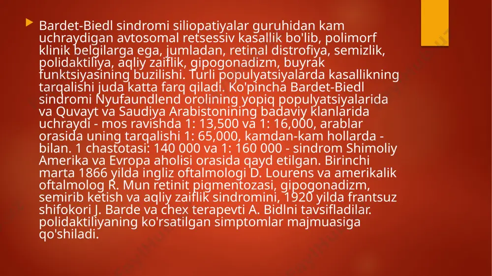 dek, bbs bilan bog'liq genlardagi mutatsiyalarni izlash uchun tibbiy genetik tomonidan tekshirilishi kerak. davolash bardet-biedl sindromi bo'lgan bemorlarni davolash hozirda simptomatik bo'lib qolmoqda. etakchi rol semizlik va metabolik sindromga qarshi kurashga tegishli. bemorlarga tana vaznini, hipokalorik ovqatlanishni, dozalangan jismoniy faollikni doimiy ravishda kuzatib borish tavsiya etiladi. bolalarda semirish uchun dori terapiyasi cheklangan, 12 yoshdan boshlab triglitseridlar gidrolizida ishtirok etadigan va ingichka ichakdagi yog'larning so'rilishi uchun zarur bo'lgan oshqozon va oshqozon osti bezi lipazlarining inhibitori orlistat preparatiga ruxsat beriladi. qandli diabet rivojlanishi bilan, oson hazm bo'ladigan uglevodlarga boy ovqatlardan foydalanishni cheklashni o'z ichiga olgan parhezni tuzatish bilan bir qatorda, 10 yoshdan oshgan bolalarga metformin gipoglikemik preparatini buyurish masalasi ko'rib chiqilmoqda. ayrim irsiy kasalliklarda retinopatiyani davolashning istiqbolli usullaridan biri gen terapiyasi hisoblanadi. 2018 yilda oziq-ovqat va farmatsevtika idorasi (aqsh) rpe65 genida mutatsiyaga uchragan bemorlarni davolash uchun adeno bilan bog'liq virusli gen terapiyasi vektori luxturnadan foydalanishni ma'qulladi. bardet-biedl sindromi bo'lgan tanlangan bemorlar uchun …