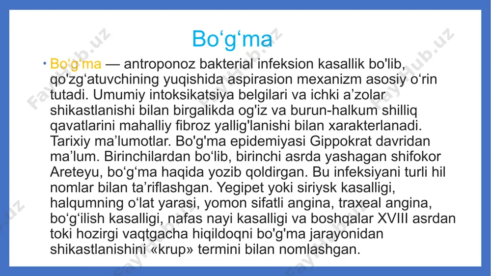 huvi (lokalizatsiyasi) va og'irligiga qarab, bo'g'maning turli klinik shakllari rivojlanadi. klinik shakllari mahalliy jarayonning turlicha joylashuvi va umum zaharlanish belgilarining namayon bo'lishiga qarab bo'g'ma klinik shakllari turli-tumanligi bilan ajralib turadi: 1. joylashgan (chegaralangan)joyiga qarab bo'g'ma: a) eng ko'p uchraydigan (burun, halqum, hiqildoq); b) kam uchraydigan (teri, ko'z, og'iz bo'shlig'i, quloq, yangi tug'ilgan chaqaloqlar kindik yarasi, tashhi jinsiy a’zolar va boshqalar). 2. tarqalgan bo'g'ma: mahalliy o'zgarish kamida 2 ta yonma-yon joylashgan yoki yonma-yon joylashmagan a ’zolarda bo'ladi (tomoq + hiqildoq, tomoq + burun, tomoq +og'iz bo'shlig'i yoki halqum shilliq qavati, burun+teri, tomoq +tashqi jinsiy a’zolar va boshqalar). 3. toksik bo'g'ma — og'ir bo'g'ma, keskin toksikoz va teri osti yog' qavatining shishishi bilan kechadi (tomoq, burun kam uchraydi). 4. mikst bo'g'ma (streptobo'g’ma, bo'g'ma +suvchechak va boshqalar). 5. mahalliy jarayon namoyon bo'lishi darajasi va xarakteri bo'yicha: tipik va atipik turlarga bo'linadi. 6. og'irligiga qarab kasallik: yengil, o‘rta og'ir va og'ir darajalarga bo'linadi. laborator …