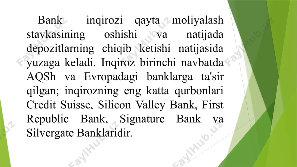 jud bo‘lishi, odatda noho‘sh makroiqtisodiy jarayonlar, bozor tangligi, hukumat siyosati (yoki aralashuvi) va firibgarliklar bilan bog‘liqdir. shuningdek, mazkur qarashlarning aksariyati iqtisodiyot tamoyillaridagi o‘zgarishlar hamda biznes sikllarining tabiiy mahsuli ekanligiga asoslanadi. bank inqirozlari xususidagi keyingi qarashlar banklarning to‘lov qobiliyatiga ega bo‘lmaslik holatini keltirib chiqaruvchi balans aktiv qismidagi yo‘qotishlarga asoslanadi. banklar aktivlari sifatida uzoq muddat davomida yo‘qotishlarning mavjud bo‘lishi, odatda noho‘sh makroiqtisodiy jarayonlar, bozor tangligi, hukumat siyosati (yoki aralashuvi) va firibgarliklar bilan bog‘liqdir. shuningdek, mazkur qarashlarning aksariyati iqtisodiyot tamoyillaridagi o‘zgarishlar hamda biznes sikllarining tabiiy mahsuli ekanligiga asoslanadi. amerikalik iqtisodchi olimlar karmen m. reynxart va kennet s. rogoff bank inqirozlari kelib chiqishining ilk sabablari sifatida kredit inqirozlari va aktivlar narxi bilan bog‘liq pufak (ko‘pik)larning vujudga kelishini ko‘rsatib o‘tadilar. bu kabi makroiqtisodiy tang¬likni iqtisodiyoti rivojlanayotgan mamlakatlarda kuzatish mumkin. iqtisodiyoti rivojlanayotgan mamlakatlar boshqa mamlakatlardan qisqa muddatli xorijiy valyutadagi qarzlarni jalb qilish orqali valyuta kursining qadrsizlanishi, xalqaro bozorda foiz stavkalarining oshishi va xalqaro savdo shartlarining o‘zgarishi …