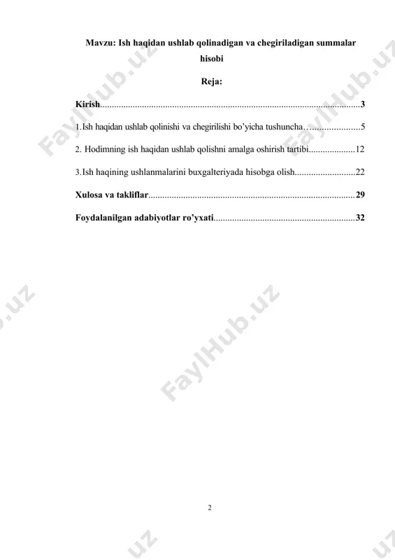 to'lovlar -yarim tayyor mahsulotlar uchun to'lovlar -kasaba uyushmasiga badallar bundan tashqari, xodimlarning ish haqidan ushlab qolishning umumiy miqdori ularning haqiqatda hisoblangan ish haqining 50 foizidan oshmasligi kerak. agar xodim aliment majburiyatlari yoki axloq tuzatish ishlari kabi holatlar bo'yicha qarzdor bo'lsa, ushlab qolish miqdori 70 foizgacha oshirilishi mumkin. shu bilan birga, ish haqidan ushlab qolish va chegirishlar tizimi doimiy ravishda yangilanib, takomillashib bormoqda. so'nggi yillarda amalga oshirilgan islohotlar va qonun hujjatlaridagi o'zgarishlar ushbu jarayonlarning shaffofligini va adolatligini ta'minlashga qaratilgan. ushbu kurs ishida ish haqidan ushlab qolish va chegirishlar hisobi mavzusidagi eng so'nggi o'zgarishlar va amaliyotlar tahlil qilinadi. kurs ishining maqsadi: ish haqidan ushlab qolinadigan va chegiriladigan summalar hisobi mavzusini o’rganish. kurs ishining vazifalari: 1. ish haqidan ushlab qolinishi va chegirilishi bo’yicha tushuncha 2. hodimning ish haqidan ushlab qolishni amalga oshirish tartibi 3. ish haqining ushlanmalarini buxgalteriyada hisobga olish kurs ishining tuzilishi: kirish, 3 ta reja, xulosa va tavsiyalar hamda foydalanilgan adabiyotlar …