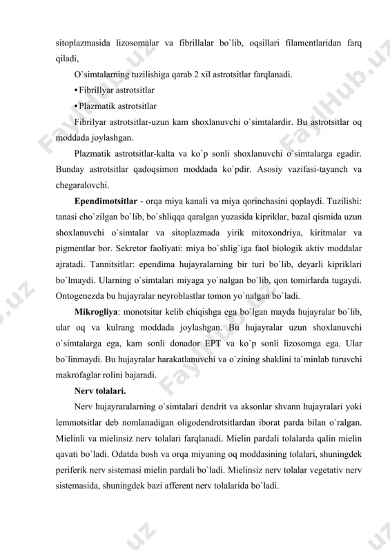 siz nerv tolalar vegetativ nerv sistemasida, shuningdek bazi afferent nerv tolalarida bo`ladi. mielinli nerv tolalari. mielin parda nerv tolasining barcha erida bir tekis emas, u malum joylarda bo`g`iqlar hosil qiladi, ularni ranve bo`g`iqlari deyiladi. bu hujayralarda shvann hujaylalarning o`simtalari plazmolemmaga yaqinlashadi va qo`shni shvann hujayrasi bilan barmoqsimon bitishma hosil qiladi. shvann pardasi atrofidagi bazal membrana bu erda uzilmaydi. mielin pardasining hosil bo`lishi. shvann hujayralari aksonni o`rab oladi, so`ngra o`simtaning o`q silindr atrofida aylanadi. plazmatik membranalarning 2 uchlari yaqinlashib, ikki membranali struktura-mezaksonni hosil qiladi. dastlab bu ikki halqa orasida sitoplazma bo`ladi, keyinchalik u hujayra tanasiga botib kirish natijasida perefirik qismga o`tib qoladi. shu tarzda mielin lemmotsitning plazmatik membranasidan shakllanadi va u asosan lipid qavatidan iborat bo`ladi. periferik qavatlarlarda mielin pardasidagi bo`g`iqlar orasida shmidt-lanterman kertiklari ko`rinadi. bu kertiklar mielin qavatdagi oqsil va lipidlarning o`zaro ma’lum bir tartibda joylashishidan hosil bo`ladi. shvann hujayralar o`q silindr atrofida o`ralayotganda ozgina sitoplazma lipid orasida qolib ketadi …