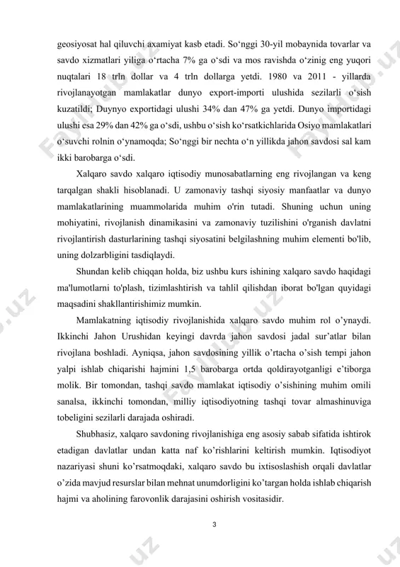 him omili sanalsa, ikkinchi tomondan, milliy iqtisodiyotning tashqi tovar almashinuviga tobeligini sezilarli darajada oshiradi. shubhasiz, xalqaro savdoning rivojlanishiga eng asosiy sabab sifatida ishtirok etadigan davlatlar undan katta naf ko’rishlarini keltirish mumkin. iqtisodiyot nazariyasi shuni ko’rsatmoqdaki, xalqaro savdo bu ixtisoslashish orqali davlatlar o’zida mavjud resurslar bilan mehnat unumdorligini ko’targan holda ishlab chiqarish hajmi va aholining farovonlik darajasini oshirish vositasidir. merkantilizm, mutloq (absolyut) ustunlik nazariyasi. hozirgi vaqtgacha savdo nazariyasining ikki turi ishlab chiqilgan. uning birinchi turi savdoning tabiiy borishini aniqlab, davlatlar o’rtasida savdo erkin bo’lgan sharoitda savdo tuzilishi qanday bo’lishini tushuntiradi va o’rganadi. bu turdagi nazariya hyech qanday to’siqlar bo’lmagan sharoitda qaysi bir davlat bilan savdo qilish kerak, qaysi turdagi mahsulotni va qanday hajmda sotish kerak kabi savollarni qo’ygan. ikkinchi turdagi nazariya savdo xajmini, yo’nalishini va birikmasini (sostav) o’zgartirish maqsadida mahsulot va xizmatlarning erkin oqimiga davlatning aralashuvini nazarda tutadi. “xalqaro savdo to’g’risidagi dastlabki nazariya merkantilizm hisoblanadi. u 15 asr oxirlarida paydo bo’lgan …