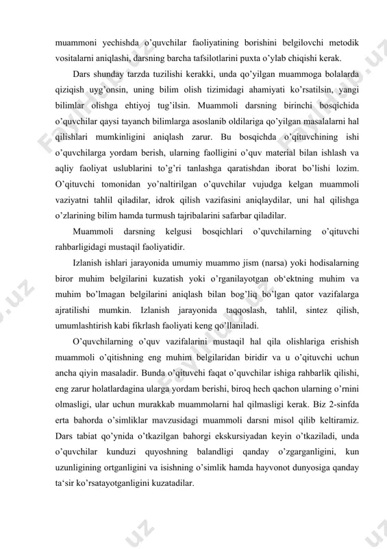 eltiramiz. dars tabiat qo’ynida o’tkazilgan bahorgi ekskursiyadan keyin o’tkaziladi, unda o’quvchilar kunduzi quyoshning balandligi qanday o’zgarganligini, kun uzunligining ortganligini va isishning o’simlik hamda hayvonot dunyosiga qanday ta‘sir ko’rsatayotganligini kuzatadilar. kirish suhbati davomida o’quvchilarga erta bahorda jonli va jonsiz tabiatda sodir bo’ladigan o’zgarishlar haqida hikoya qilish taklif qilinadi. bunda ular hiyobonda daraxtlarning yalang’och turganligini, yer chiriyotgan barglar qatlami bilan qoplanganligini, biroq ba‘zi o’simliklar (boychechak, binafsha, chuchmoma, lola va hokazolar) gullayotganini albatta aniqlaydilar. suhbatga «erta gullovchi o’simliklar tushunchasi kiritiladi, uning ma‘nosi ochib beriladi, keyin nima uchun sanab o’tilgan o’simliklarning erta gullovchilar deb aytilishi aniqlanadi. endi bu o’simliklar bolalarga ekskursiyadan tanish, shunga ko’ra o’qituvchi, o’quvchilar, ularning farqiga bora olishlarini tekshirish uchun savollar beradi. buning uchun doskaga o’simliklarning nomlari: binafsha, chuchmoma, boychechak, lola deb yozib qo’yiladi. o’quvchilar bu nomlarni o’qib, o’simlikni gerbariy yoki ko’rgazmali quroldan ko’rsatadilar va uning nomini aytadilar. keyin sanab o’tilgan o’simliklarning har birini qarab chiqish va ta‘riflash taklif qilinadi. o’simliklarning tuzilishlari …