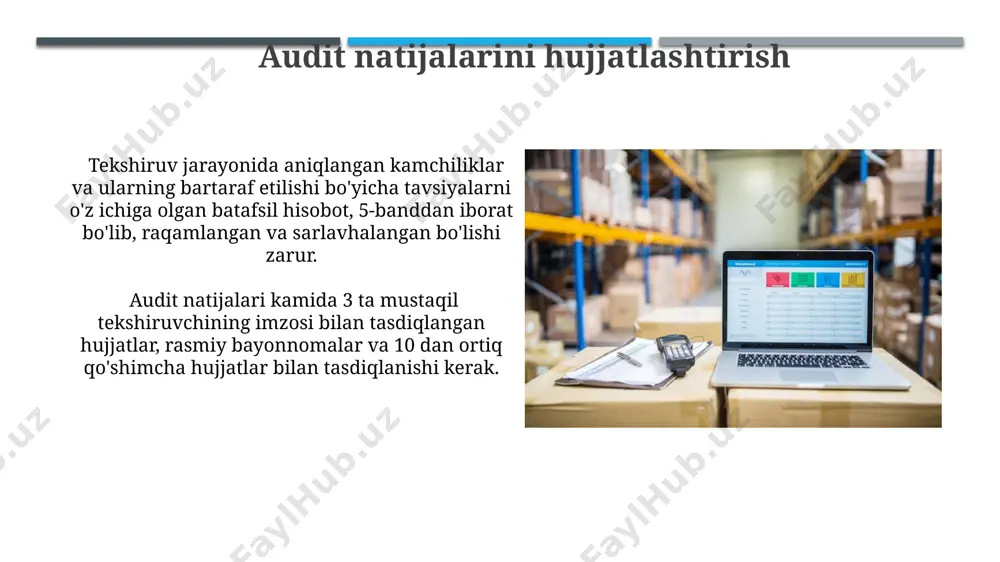 9001 standartlari bilan tanishtirish kerak. keyingi harakatlar rejasi va monitoring keyingi harakatlar rejasini amalga oshirish uchun 3 oylik jadval tuziladi va har oyda 2 marta monitoring o'tkaziladi, bu esa samaradorlikni 15% ga oshirishga yordam beradi. ta'minot zanjiri auditining natijalari asosida 10 ta asosiy xavf aniqlanadi va ularni bartaraf etish bo'yicha risk mitigation rejasi ishlab chiqilib, uning bajarilishini yil davomida kuzatib boriladi. inventarizatsiya nazoratini tekshirish inventarizatsiya nazoratini tekshirishda kamida 3 ta mustaqil auditor tomonidan tekshiruv o‘tkazish va ularning xulosalarini taqqoslash tavsiya etiladi, bu aniqlikni 95% ga oshiradi. inventarizatsiya jarayonida aniqlangan 5% dan ortiq kamchiliklar mavjud bo‘lsa, qo‘shimcha tekshiruvlar o‘tkazish va ichki nazorat tizimini qayta ko‘rib chiqish zarur. zarur hujjatlar va ma'lumotlarni yig'ish yetkazib beruvchining malakasi va resurslari to'g'risida ma'lumot olish uchun kamida 2 ta mustaqil manbadan tasdiqlovchi hujjatlar (sertifikatlar, litsenziyalar) talab qilinadi. audit jarayonida kamida 3 ta asosiy yetkazib beruvchining 12 oylik moliyaviy hisobotlari, shartnomalar va to'lov hujjatlari yig'ilishi zarur. audit …