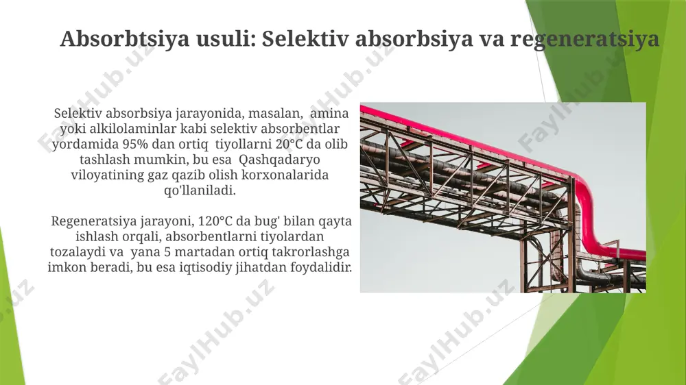 қилиш учун, молекуляр элаклар каби адсорбентлар ҳам қўлланилади, уларнинг порахли структураси саудия арабистони нефть заводида намунавий ҳолатлари аниқланган. amaliy misollar va sanoat tajribalari россиянинг сибирь регионидаги газ қувурларидаги тиол миқдорини 10 ppm дан 0,5 ppm гача камайтириш учун ишлатилган адсорбцион усули, 2 йиллик эксплуатациядан кейин ҳам юқори самарадорликни сақлаб қолди. жанубий кореянинг пусан шаҳридаги нефтьни қайта ишлаш заводида тиолларни олиб ташлаш учун 500 ppm дан ортиқ меркаптан миқдорига эга газ конденсатини қайта ишлашда ишлатилган суюқ фазали окислиш жараёни 98% самарадорликка эришди. ekstraksiya usuli: erituvchilarni tanlash va jarayon optimallashtirish gaz va kondensatlardagi tiollarning ekstraksiyasi uchun selektiv eritgichlarni tanlashda, masalan, n-metil-2-pirolidon (nmp) yoki diglykol aminlar kabi birikmalar samaradorligi 95% dan yuqori boʻlishi mumkin, bu esa oʻzbekistonning gaz qayta ishlash zavodlarida qoʻllanilishi mumkin. erituvchining regeneratsiyasi jarayonida, masalan, distillash yoki strippingga asoslangan usullar qoʻllanilganda, kamida 98% toza eritgich qayta tiklanishi mumkin, bu esa iqtisodiy jihatdan foydali va rossiya texnologiyalaridan foydalanish mumkinligini koʻrsatadi. savol-javob va …