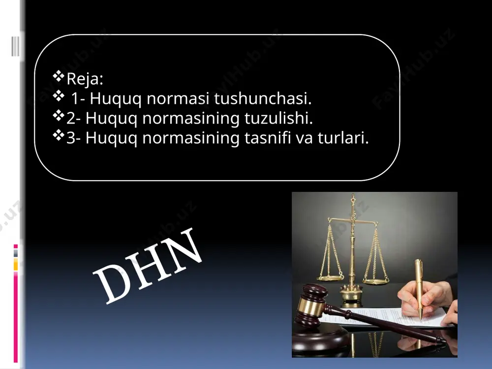 orasining turini belgilaydi. sanksiya huquq normasining bir qismi bo‘lib, unda dispozitsiyada ko‘rsatilgan talablarni bajarmaganlik uchun berilishi mumkin bo‘lgan jazoning yoki tavsiya etilgan harakatni sodir etganlik uchun rag‘batlantirishning turi va o‘lchovi ifodalangan bo‘ladi. huquq normasining tasnifi va turlari 1. huquq va vakolat beruvchi normalar 2. majburiyat yuklovchi normalar 3. man qiluvchi normalar huquq normalari tasnifi huquq tizimidagi o’rni va axamiyati huquqiy tartibga solish predmeti boyicha tasis etuvchi tartibga soluvchi qo’riqlovchi deklarativ difinitiv kolizion va b. konistitutsiyaviy huquq normalari fuqarolik huquqi normalari jinoyat huquqi normalari oila huquqi normalari ma’muriy huquq normalari va b. etiboringiz uchun tashakkur! 2021-yil. image2.jpeg image3.jpeg image4.jpeg image5.jpeg /docprops/thumbnail.jpeg