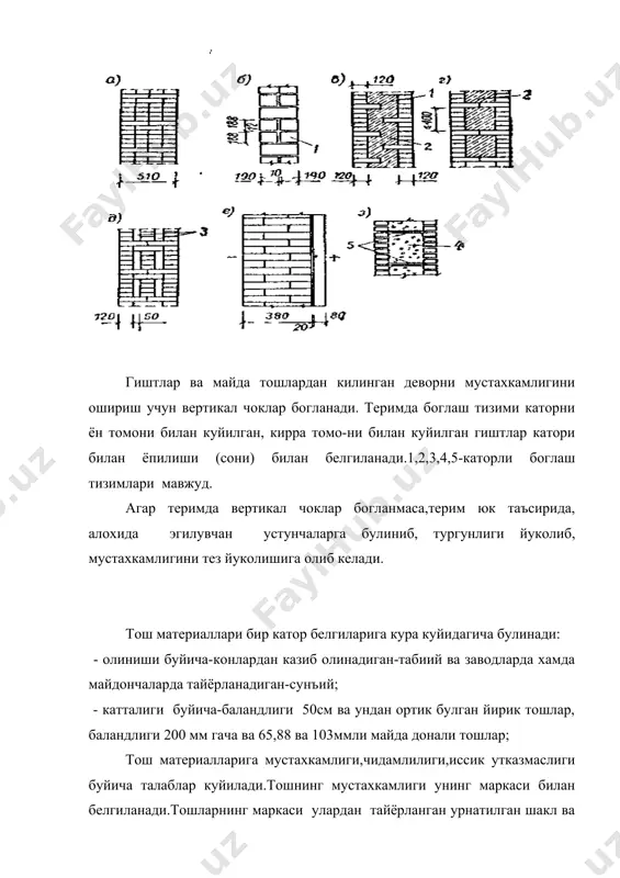 ди: 4,10,25,50,75,100,150 ва 200.коришманинг маркаси унинг улчами 7,07х7,07х7,07 см булган куб намуналарини 28 кундаги сикилишдаги мустах камлигини кгк/см2-кийматини курсатади. коришманинг маркаси теримнинг гурухига кура танланади: пулат арматура: тош теримларни арматуралаш учун аii,ау ва вi d3-8мм ишлатилади. арматураланмаган тош терими. теримнинг сикилишидаги мустахкамлиги ва деформацияси. оддий теримда,коришма таркибининг ножинслиги; чокда коришманинг нотекис котиши,гишт териш пайтдаги нотекис босим ва х.к.туфайли теримнинг бир каторидан иккинчи каторига горизонтал чок оркали бериладиган босим нотекис,айрим нукталар, бикирлиги катта участкалар оркали утказилади.шунинг учун текис таркалган юк билан марказий сикилган теримда гишт турли бикирликли нукталарда таянган плитадек ишлайди. бунинг натижасида тошлар нафакат сикилишга,шу билан бирга эгилишга ва киркилишга ишлайди. терим сикилганида тошларда ва горизонтал чокларда кундаланг деформациялар хосил булади.одатда коришманинг кундаланг деформацияси тошникидан кура куп булади.уларнинг орасида богланиш булгани учун улар эркин деформациялана олмайди.шунинг учун горизонтал чокларда уринма кучланишлар пайдо булиб, тошларда чузилиш кучланишларини ошишига олиб келади. бу кучланишлар кориш ма мустахкамлигига тескари пропорцианал булади, шунинг учун котмаган …