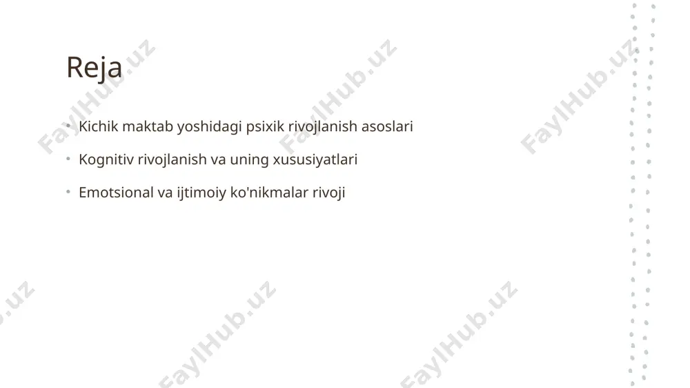 shga yordam beradi. 3 ijtimoiy faoliyat - ijtimoiy faoliyatlar, bolalarda do'stlik va hamkorlik ko'nikmalarini rivojlantiradi. bu, ularning psixologik barqarorligini ta'minlaydi va o'z-o'zini anglashlariga yordam beradi. kichik maktab yoshidagi bolalarda o'z-o'zini anglash jarayoni. 1 o'z-o'zini anglash - kichik maktab yoshidagi bolalar o'z-o'zini anglash jarayonida o'z fikrlarini, his-tuyg'ularini va xulq-atvorini tushunishni boshlaydilar. 2 identifikatsiya - bolalar o'z shaxsini boshqalardan ajratish orqali o'z identifikatsiyasini shakllantiradilar, bu esa ijtimoiy rivojlanish uchun muhimdir. 3 o'z-o'ziga baho - o'z-o'zini anglash jarayonida bolalar o'z qobiliyatlari va cheklovlarini baholashni o'rganadilar, bu esa ularning o'ziga bo'lgan ishonchini oshiradi. kichik maktab yoshida psixik rivojlanish va o'qituvchining roli. 1 o'qituvchining roli - o'qituvchilar kichik maktab yoshida bolalarning psixik rivojlanishida muhim rol o'ynaydi. ular bolalarga bilim, ko'nikmalar va qobiliyatlarni shakllantirishda yordam beradi. 2 o'quv muhitini yaratish - o'qituvchilar ijobiy o'quv muhitini yaratishi zarur. bu muhit bolalarning o'z-o'zini anglashini va ijodiy fikrlashini qo'llab-quvvatlaydi, bu esa psixik rivojlanishga hissa qo'shadi. 3 emotsional ko'mak - …