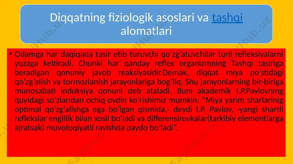 toraygandek bo’ladi va biz o’sha paytda boshqa narsalarning ta’sirini sezmaymiz. buni konsentrasiylashgan (to’plangan) diqqat xam deb ataymiz. diqqatning taqsimlanishi taqsimlangan diqqat. biron ish jaroyonida birdaniga bir qancha narsalarga qaratilgan diqqat taqsimlangan diqqat deyiladi. kundalik xayotimiz uchun diqqatning taqsimlanishi g’oyat kata axmiyatga ega. masalan, mashina yoki traktor xaydovchining, ko’p stanokda birdaniga diqqati ayni zamonda shu ishga bog’liq bo’lagan bir qancha mexnat jarayonlariga barobar qaratilmog’i kerak. dars berayotgan o’qituvchining diqqati tabiiy taqsimlanadi. moxir o’qituvchilarning diqqati odatda yaxshi taqsimlanish xususiyatiga ega bo’ladi. bu xususiyat ish tajribasi davomida xosil qilinadi va yanada shakillanib boradi. diqqatning ko’chishi nbu faoliyat maqsadining o’zgarishi bilan diqqatning bir obektdan ikkinchisiga o’tishi demakdir. demak, diqqatning bir narsa ustida to’planib turishi mumkin bo;lganidek, ining ko’chib turishi xam mumkin. masalan, o’qivchi diqqatini radio tinglashdan, gazeta o’qishga, so’ngra dars tayorlashga ko’chirishi mumkin. diqqat ko’chishining fiziologik asosi avval ishlab turgan miya po’sti qismlarining tormozlanishi va yangi optimal qo’zg’alish o’choqlarining paydo bo’lishidir. bu ko’chishning tezligi …