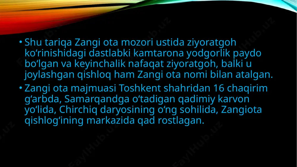 ar xil. xonalarga darcha va tobdonlar orqali yorug‘lik tushgan. go‘rxonadagi oq marmardan ishlangan qabrtosh, ayniqsa, diqqatni tortadi. toshga g‘oyatda mohirlik bilan nafis o‘yma naqsh va arabiy xatlar bitilgan. qabr shakli va naqshlardagi uslub uning qadimiyligidan dalolat beradi. yon tomondagi yuza qismida arab tilida quyidagi mazmundagi she’r o‘yilgan: “biz sog‘lik va sayohatdan zavqlanamiz. ammo vaqti kelib bir-birimizdan ayrilamiz. chunki vaqt seviklilarni ayiruvchidir”. marmar bitiktoshning bir yon qirrasiga kufiy va suls xatida payg‘ambarimiz (sollallohu alayhi va sallam)ning: “qabr amallar sandig‘idir”, degan hadislari bitilgan. vaqtlar o‘tib maqbara oldiga peshtoq va ikkita ko‘ndalang xona qurilib, bezak berilgan. peshtoq va xonalar tashqi devori, ziyoratxona va maqbara poygumbazi sayqallangan g‘ishtchalar, o‘ymakor rang-barang koshinlar bilan bezatilgan. zangi ota maqbarasining yana bir noyob va o‘ziga xos jihatiga to‘xtalish joiz. o‘sha davr me’morchiligida peshtoqni imoratning yon qanotlaridan oldinga surib qurish odat tusiga kirganini mintaqamizdagi deyarli barcha me’moriy yodgorliklar misolida ko‘rish mumkin. zangi ota maqbarasining peshtoqi esa ikki yonidagi xona …