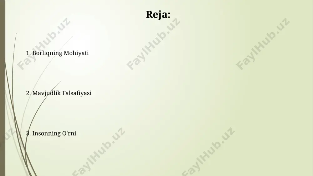 n o'zbekistonda mavjudlik falsafasi haqida 200 dan ortiq kitob va maqolalar chop etildi, ularning aksariyati postsovet davrining ijtimoiy-siyosiy o'zgarishlariga bag'ishlangan. o'zbekistondagi zamonaviy dunyoda 5 dan ortiq olimlar mavjudlik falsafasini o'rganishga bag'ishlangan tadqiqotlar olib bormoqdalar, bu esa 10 ga yaqin ilmiy maqolalarni nashr etishga olib keldi. ekzistensializmning asosiy g'oyalari ekzistensializm, 20-asrning birinchi yarmida, ayniqsa frantsiyada, sartre va camus kabi mutafakkirlar tomonidan shakllangan falsafiy yo'nalish bo'lib, insonning mavjudligi va erkin tanlovining ahamiyatini ta'kidlaydi. ekzistensializmga ko'ra, inson 3 asosiy xususiyatga ega: mavjudlik, erkinlik va mas'uliyat. ushbu uchlik insonning dunyodagi o'rnini va mavjudlikka bo'lgan munosabatini belgilaydi. mavjudlik falsafa: kirish mavjudlik falsafasi, insonning o'z mavjudligi, erkinligi va mas'uliyati kabi 3 ta muhim mavzuga e'tibor qaratib, 19-asr oxiri va 20-asr boshlarida paydo bo'lgan. mavjudlik falsafasi, 20-asrning birinchi yarmida, ayniqsa, evropa va amerikada, ekzistensializm sifatida 1-2 asosiy yo'nalishlarga bo'linib, keng tarqaldi. e'tiboringiz uchun rahmat @taqdimot_robot image1.jpg image2.jpg image3.jpg image4.jpg image5.jpg image6.jpg image7.jpg