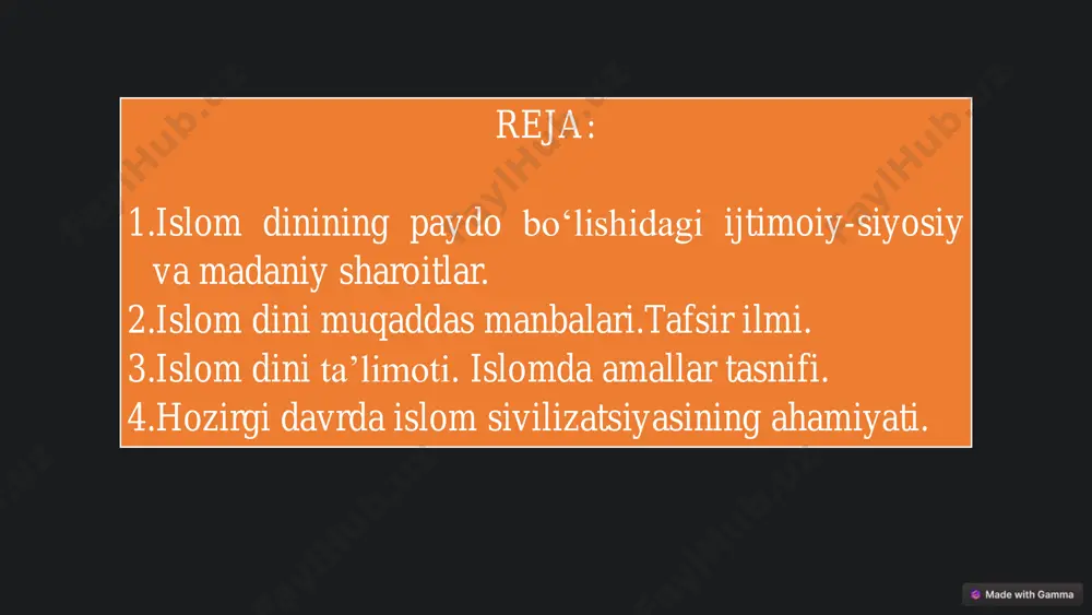 to‘planadilar islomda amallar tasnifi 1 farz musulmonlar uchun majburiy amallar. 2 vojib farz amallarga yaqin boʻlgan, amallar. 3 sunnat muhammad (s.a.v.)ning qilgan amallari boʻlib, ularni bajarish tavsiya etiladi. 4 makruh nojoʻya amallar, ularni bajarishdan tiyilib turish maqsadga muvofiq. 5 harom musulmonlar uchun taqiqlangan amallar. hozirgi davrda islom sivilizatsiyasining ahamiyati islom sivilizatsiyasi dunyoning turli xil madaniyatlar va millatlarni birlashtirgan va ular oʻrtasida aloqalarni mustahkamlashga yordam bergan. madaniy boylik islom sivilizatsiyasi dunyoga ajoyib madaniy yodgorliklar bergan. ta'lim va fan islom sivilizatsiyasi ta'lim va fanning rivojlanishiga katta hissa qoʻshgan. iqtisodiy rivojlanish islom moliyasi dunyoning iqtisodiy rivojlanishiga hissa qoʻshadi. islom sivilizatsiyasining siyosiy, ijtimoiy, iqtisodiy va madaniy asoslarini islom dini tashkil qiladi. islom dinining movorounnahr hududida tarqalishi, rivojlanishi, ilm – ma’rifat rivojida ulkan poydevor bo’lib xizmat qildi. o’zbekistonda tarixiy jihatdan qisqa bir davr mobaynida musulmon mamlakatlari bilan xalqaro munosabatlarni yangi bir bosqichga olib chiqish va rivojlantirish yo’lida islom sivilizatsiya markazi muhim ahamiyat kasb etadi. shu …