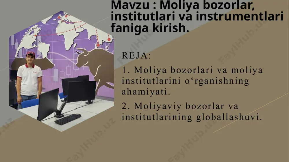 baholash arbitraj kapital jalb qilish tijoriy o’tkazmalar investetitsiya qilish risklarni boshqarish moliyaviy bozorlar funktsiyalari 7 fr 7 moliyaviy bozorlar va moliya institutlarini o’rganishning ahamiyati 8 birlamchi bozor deganda, mablag’lardan foydalanuvchilar (masalan korporatsiyalar), aksiya va obligatsiyalar chiqarish orqali mablag’larni jalb qiladigan bozor tushuniladi. ikkilamchi bozorlarda, aksiyalar bozoriga ipo bo’lib kirgan tashkilotlarning qimmatli qog’ozlar qayta sotilishi va xarid qilinishi mumkin fr 8 moliyaviy bozorlar va moliya institutlarini o’rganishning ahamiyati 9 pul bozori - bu qisqa muddatli kapital oqimi bilan bog’liq korporatsiyalar, moliyaviy institutlar, investorlar va hukumatning o’zaro bog’langan tarmog’idir. kapital bozori - “yetilish muddati” (maturity date) bir yildan ko’p bo’lgan qarz qimmatli qog’ozlar va aktsiyalar savdosi amalga oshiriladigan bozor fr 9 moliyaviy bozorlar va moliya institutlarini o’rganishning ahamiyati 10 valyuta ayirboshlash bozori (forex) – xalqaro valyutalar savdosi amalaga oshiriladiga bozor valyuta ayirboshlash bozorida bir davlat pul birligining ikkinchi davlat pul birligiga nisbatan ayirboshlash kursi shakllanadi fr 10 moliyaviy bozorlar va moliya institutlarini …