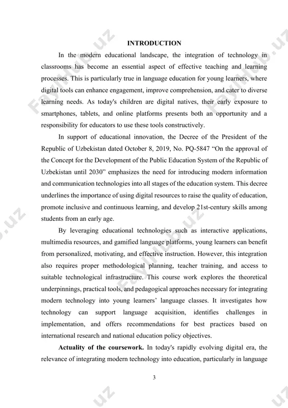 wing up surrounded by technology and are naturally inclined toward digital tools such as tablets, smartphones, and interactive applications. this shift in lifestyle and learning behavior necessitates a corresponding transformation in teaching methods to ensure that education remains engaging, effective, and aligned with the learners' environment. the global shift to online and blended learning models during and after the covid-19 pandemic has further underscored the importance of digital tools in education. in particular, for early language learners, technology offers unique opportunities for immersive and interactive experiences that traditional methods may not always provide. digital resources can support vocabulary acquisition, pronunciation practice, and listening comprehension through games, animations, and multimedia storytelling—formats that are especially appealing to young minds. therefore, studying how modern technology can be effectively applied in young learners’ language classes is highly relevant and timely. it addresses current educational needs, supports national development goals, and helps educators adopt innovative, …
