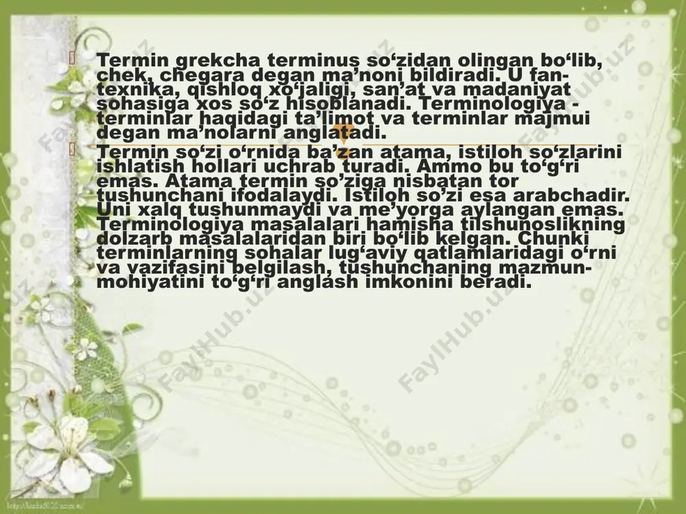 icha 2 guruhga — umumiy ahamiyatga ega bo‘lgan va maxsus inshootlarga bo‘linadi. umumiy ahamiyatga ega bo‘lgan gidrotexnika inshootlari tarkibiga suv damlagich, suv olgich, suv tashlama va suv rostlagich inshootlari kiradi. suv damlagichlar (to‘g‘on, damba) inshootning oldi va orqasida suv bosimi yoki suv sathida farqlar hosil qiladi. suv olgich (suv qabul qilgich) inshootlar suvni manba (daryo, ko‘l, suv ombori va sh. k.)dan kanallarga oqizish uchun xizmat qiladi. suv o‘tkazgich (vodovod) suvni tegishli joylar (kanal, nov, akveduk, dyuker, quvurlar, gidrotexnika tunellari)ga yo‘naltirish maqsadida quriladi; tutashtiruvchi inshootlar (suv tushirgich, tezoqar, shovva, kanal rostlagichlari) gidrotexnika inshootlari turli qismlarining ravon birlashishini ta’minlaydi. sohaviy terminlar atmosfera-yerni o’rab turgan havo qobig’i. gidrosfera- yerning suv qobig’i. yadro- yerning markaziy qismi. mantiya- yernining yer po’sti bilan yadrosi orasidagi qobig’i. gidrologiya- yer yuzidagi tabiiy suvlarni va ularda kuzatiladigan jarayonlar hamda hodisalarni o’rganuvchi fan gipoteza- ma’lum sohaga tegishli ilmiy faraz. gletcher- vodiy muzligi. glyatsiologiya- yer yuzidagi barcha yer osti va usti …