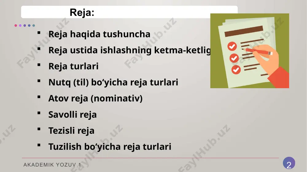 lif fikrining ketma-ketligini kuzatish imkonini beradi; • reja tuzish jarayonida o‘quvchi asar mazmuniga chuqurroq kirib boradi; • uning ichki mantiqini, asarda qo‘yilgan masalalarning o‘zaro bog‘liqligini belgilaydi; • reja tuzish qisqa ko‘rinishda yozish, o‘z fikrini ketma-ketlikda bayon etishga yordam beradi; • reja e’tiborni jamlaydi, xotirada o‘qilganlarni tiklashga yordam beradi. akademik yozuv 1 11 12 foydalanilgan adabiyotlar 1. n. jiyanova, o. mo‘ydinova. nutq madaniyati. – t.: “ilm ziyo zakovat”, 2019. 221 b. 2. xolmonova z. adabiy tildan ma’ruzalar umumlashmasi-t.: «o‘zbekiston», 2013, 250 b. 3. qo‘ng‘urov r., begmatov e., tojiyev yo. nutq madaniyati va uslubiyat asoslari, - t.: “fan”, 1992, 254b. 4. husanov.n., rasulov, mo‘ydinov q. nutq madaniyati va notiqlik san`ati .-t.: “iqtisod-moliya”, 2006. 5. м. ахмедова. нутқ маданияти ва профессионал нотиқлик. тату, 2017, 114б. 6.м. аминов, а. мадвалиев, н.махкамов, н маҳмудов. иш юритиш (амалий қўлланма). тошкент, 2017 й . - 440 б. 7.x.s. muhiddinova, n. a. abdullayeva. rasmiy uslubning diplomatik turlari.t; 1997 …