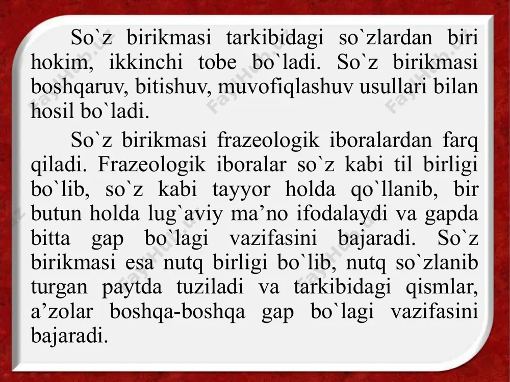 m qism vazifasida otlashgan ravish keladi: ko`p so`zning ozi, ishlarning ko`pi. hokim so`z sifatida otlashgan undov so`z keladi: ularning dod-voyi, bolalarning urasi. hokim so`z vazifasida otlashgan taqlid so`z keladi: otlarning dupur-dupuri, to`plarning gumbur-gumburi. ko`rinadiki, otli so`z birikmasi qismlari bitishuv, muvofiqlashuv va boshqaruv yo`li bilan grammatik aloqaga kirishadi. otli birikma so`z shakli bilan so`zning (leksemaning) yoki ikki so`z shakllarning bog`lanishidan hosil bo`ladi. fe’lli birikma. bunday birikmaning hokim qismi fe’l bilan ifodalanadi: tez ishlamoq, oldinda yurmoq, diqqat bilan tinglamoq, kulib gapirmoq. fe’lli birikmaning qismlari o`zaro bitishuv va boshqaruv yo`li bilan bog`lanadi. fe’lli so`z birikmasi so`z shakl bilan so`zning (leksemaning) o`zaro bog`lanishidan yuzaga keladi. sifatli birikma. mazkur birikmada hokim so`z otlashmagan sifat bilan ifodalanadi, birikmaning qismlari boshqaruv yo`li bilan sintaktik munosabatga kirishadi: akasidan kuchli, singlisidan ziyrakroq. ravishli birikma. bunday birikmaning hokim so`zi otlashmagan ravish bilan ifodalanadi. ravishli so`z birikmalarida tobe va hokim qismlar o`zaro boshqaruv yo`li bilan bog`lanadi: raketadan tez, toshbaqadan sekin. modal …