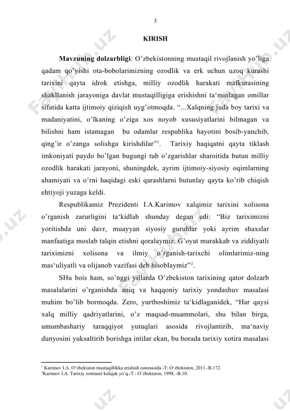 sharoitida xx asrning 20-30 yillarida qashqadaryoning ijtimoiy-siyosiy hayoti tarix fanining boshqa davr va sohalari kabi soxtalashtirildi va buzib ko’rsatildi. mavjud ilmiy adabiyotlarni batafsil o’rganish shuni ko’rsatdiki, sovet davrida tadqiqotchilar mafkuraviy va ma‘muriy nazorat iskanjasida bo’lib, erkin fikr bildirish imkoniga ega emasdilar. 1940-1970 yillar yaratilgan “o’zbekiston ssr tarixi” kitoblaridagi ilmiy izlanishlar metodologiyasi asosan markscha-lenincha ta‘limot metodologiyasiga tayangan. bu davrda yaratilgan aksariyat adabiyotlarda ko’plab manbalar, faktik materiallar kiritilganligiga qaramay, tarixiy jarayonlar butun ziddiyati va murakkabligi bilan baholanmay haqqoniy ilmiy bilimlar o’rniga vaziyatni to’g’ri aks ettirmaydigan soxta tarixiy manzaralar yaratildi. mustaqillik davrida yaratilgan adabiyotlar ikkinchi guruhni tashkil etadi. bularga s.a‘zamxo’jaevning “turkiston muxtoriyati”1, d.alimo-vaning “mahmudxo’ja behbudiy va uning tarixiy tafakkuri”2, mustafo cho’qay o’g’lining “istiqlol jallodlari”3, zaki validiyning “xotiralar”4, h.ziyoevning “o’zbekiston mustamlaka va zulm iskanjasida”5, p.ravshanovning6 3-jildlik 1.qizil saltanat iskanjasida: tajovuz, 1-jild, istibdod, 2-jild, qatag‘on, 3-jild, g.ravshanovaning7 1.moziy sabog‘i (tadqiqot), 2. ravshanova g. qashqadaryoda milliy qarshilik harakati tarixidan. (1920-1930 yy.) kabi qo’llanma vaasarlarni ko’rsatish mumkin. …