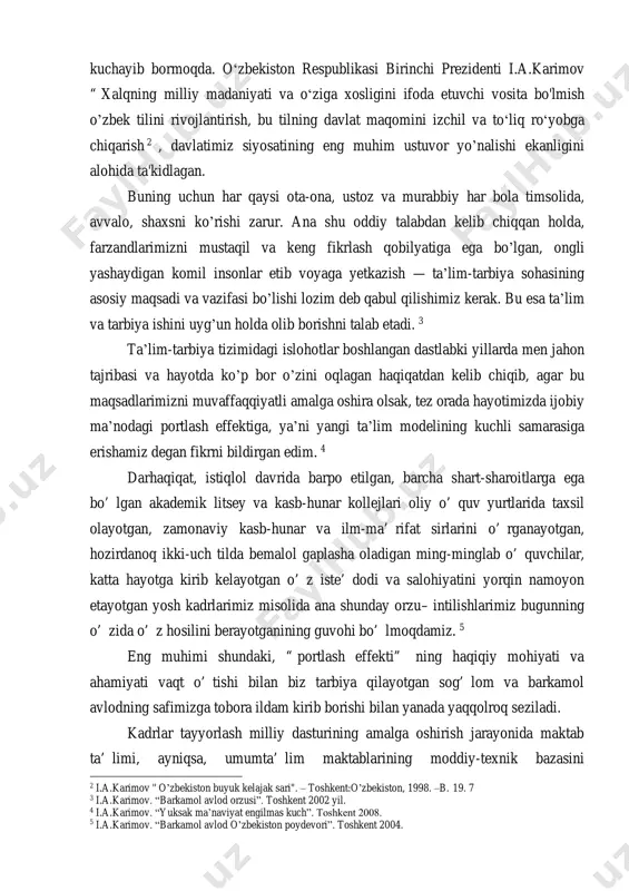 oan’ anaviy usullar va kompyuterdan foydalanish)” 8nomli nomzodlik dissertatsiyasi hisoblanadi. ishda “ aqliy hujum” metodidan, shuningdek, axborot texnologiyalaridan foydalanib o‘ tilgan darslardan namunalar va ularni tashkil qilish yo‘ l-yo‘ riqlari bayon qilingan. shuningdek, ishda “ bu bizniki” usulidan foydalanish yo‘ llari ko‘ rsatilgan. sh.yusupovaning “ hozirgi o‘ zbek adabiy tili darslarida o‘ quvchilar tafakkurini o‘ stirishning ilmiy-metodik asoslari” nomli doktorlik dissertatsiyasida ham dars samaradorligini oshirish masalasiga e’ tibor qaratilgan bo‘ lib, unda zamonaviy pedagogik texnologiyaning mazmuni yoshlarni falsafiy fikrlashga o‘ rgatish, ularda bilishga qiziqish uyg‘ otish, motivatsiya hosil qilish, nazariy qoidalarni so‘ zma-so‘ z yodlashga emas, uni ta’ limga tatbiq etish dolzarb vazifa ekanligini ta’ kidlaydi. metodist o‘ z ishida o‘ quvchilar 6 ziyodova t.u. ona tili ta'limi jarayonida o'quvchilarning so'z boyligini oshirish. ped. fan.nomz. ... yozilgan diss. – toshkent, 1995. – b. 141. 7bobomurodova a.ya. ona tili ta'limi jarayonida o'yin-topishmoqlardan foydalanish: ped. fan. nomz. ... yozilgan diss. – toshkent, …