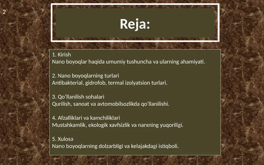 logik xavfsizlik. 7 7 qurilish sohasidagi qo‘llanilishi sanoatdagi qo‘llanilishi binolar devorlarini bo‘yash. tomlarning energiyani saqlovchi qoplamasi. beton va metall yuzalar uchun maxsus bo‘yoqlar. ichki devorlar uchun antibakterial va gigiyenik bo‘yoqlar. avtomobilsozlik: mashinalar uchun uv va zangga chidamli bo‘yoqlar. kemalar va quvurlar: korroziyadan himoya. elektr asboblar: termal va elektr izolyatsiya bo‘yoqlari. 8 nano boyoqlarning afzalliklari 1. atrof-muhitga zarar keltirmaydi. 2. ekstremal sharoitlarga chidamli. 3. minimal texnik xizmat. 4. tejamkorlik va energiya samaradorligi. 5. estetik va funksional fazilatlarning uyg‘unligi. 9 kamchiliklari va muammolar narxning yuqoriligi. ishlab chiqarish uchun murakkab texnologiyalar zarur. nanozarrachalarning inson salomatligiga ta’siri to‘liq o‘rganilmagan. materiallarni qayta ishlash masalalari. 10 xulosa nano boyoqlar – bu texnologik rivojlanishning muhim mahsuli bo‘lib, u zamonaviy hayotning ko‘plab sohalarida qo‘llanilmoqda. ularning yuqori samaradorligi, chidamliligi va ekologik xavfsizligi nafaqat qurilish va sanoatda, balki kundalik hayotda ham keng imkoniyatlar yaratadi. kelgusida texnologiyalar rivojlanishi bilan nano boyoqlarning xususiyatlari yanada takomillashtiriladi. 11 adabiyotlar 1. nano technology journal, 2023. …